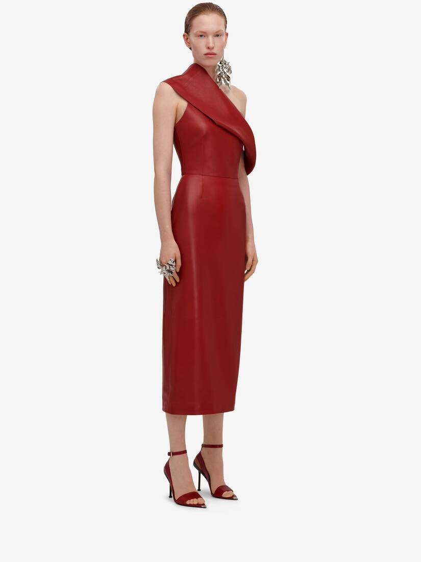 Women's Drape Leather Dress in Blood Red - 3