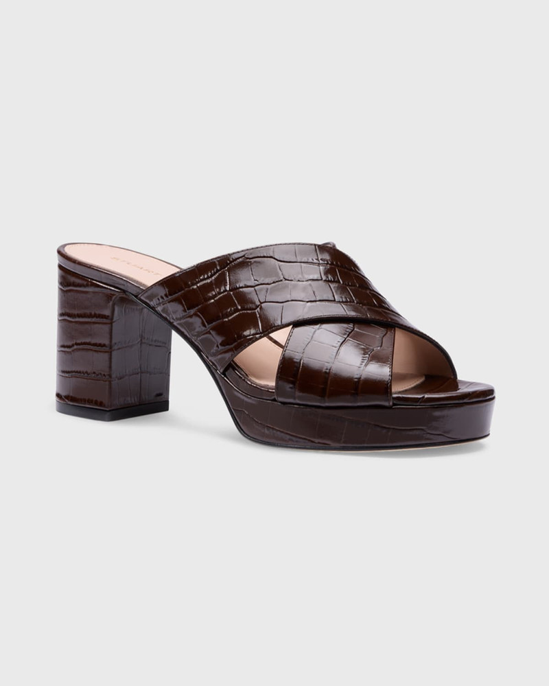 Stuart Weitzman 80mm Dayna Croc-Embossed Leather Platform Sandals outlook