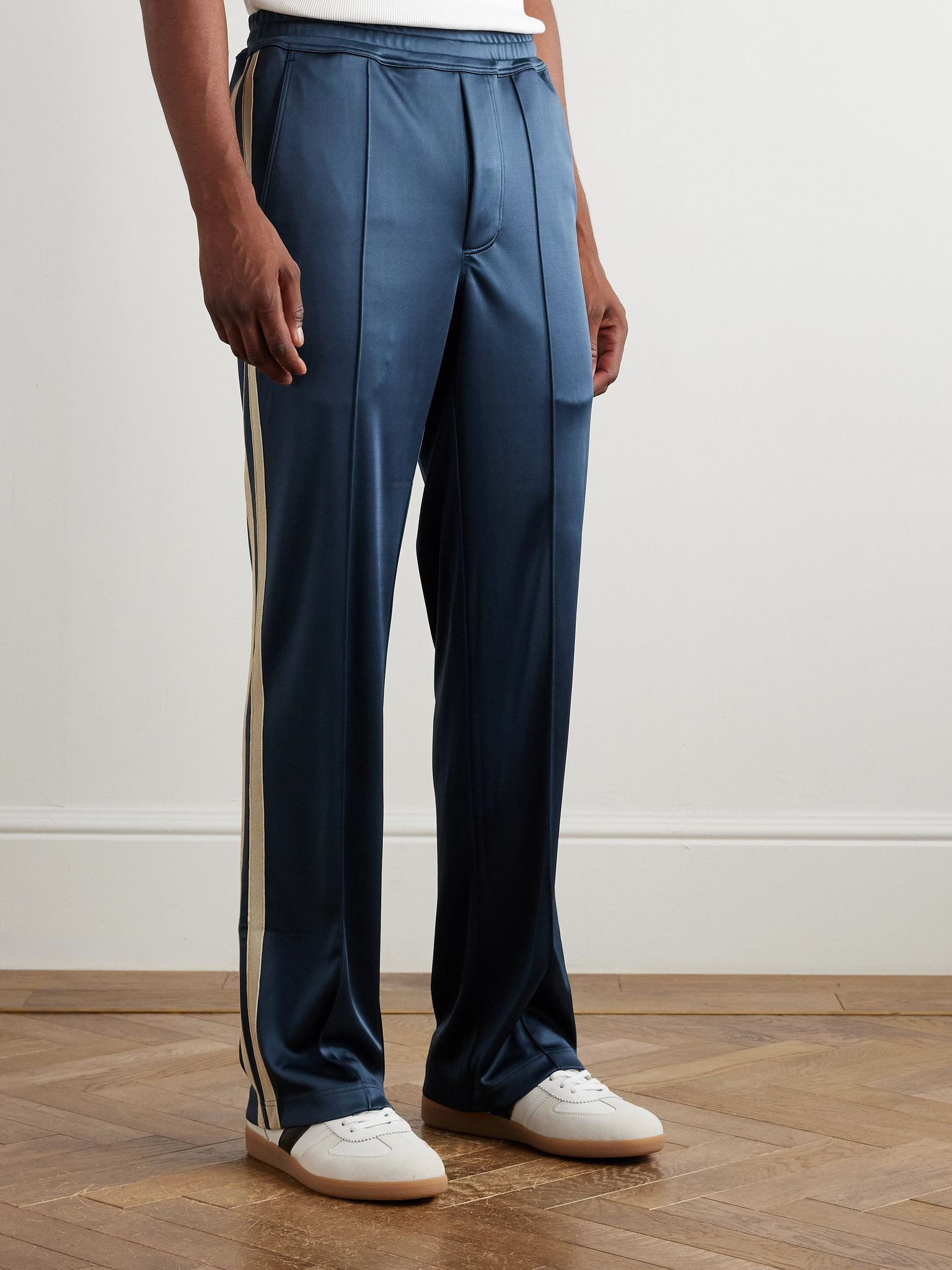Straight-Leg Webbing-Trimmed Jersey Track Pants Blue - 3