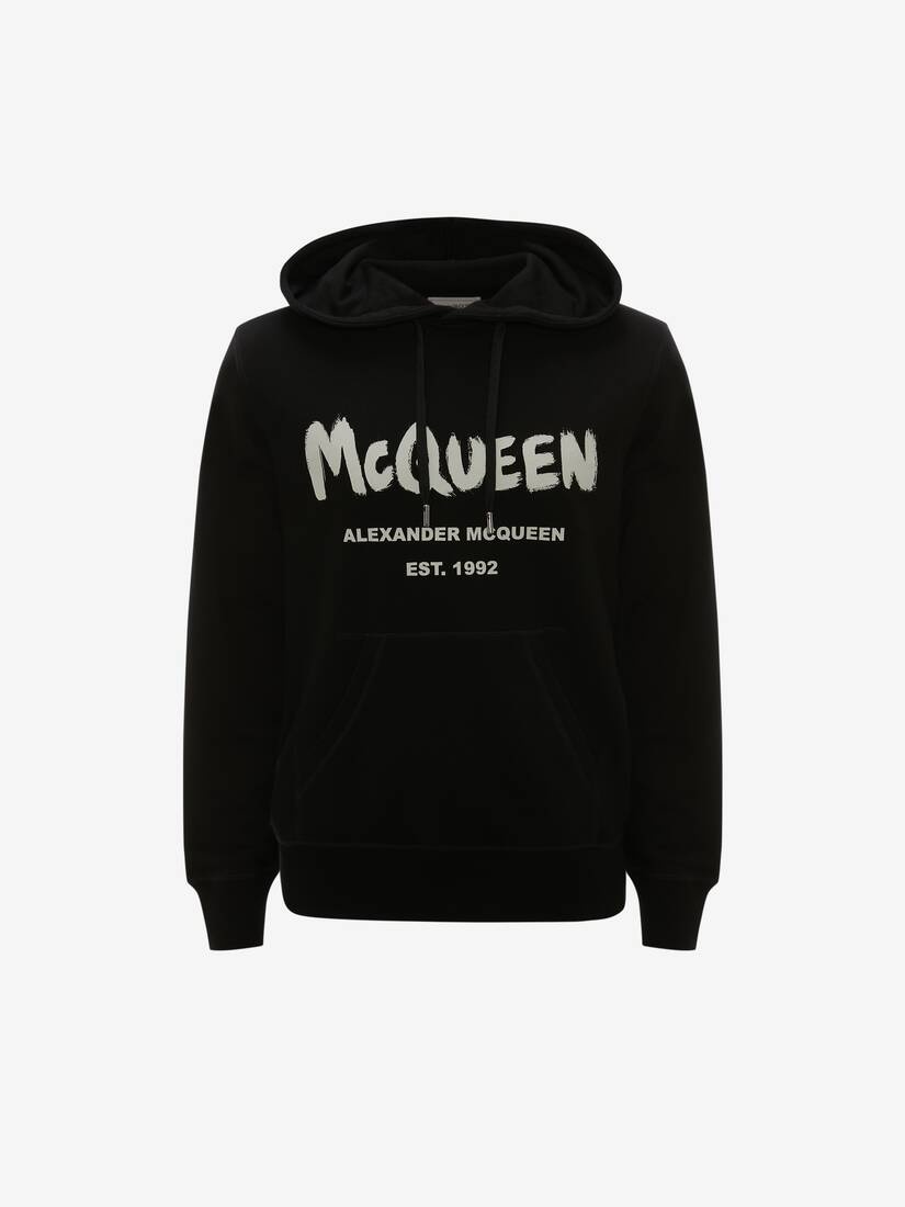 Men's Mcqueen Graffiti Hooded Sweatshirt in Black/ivory - 1