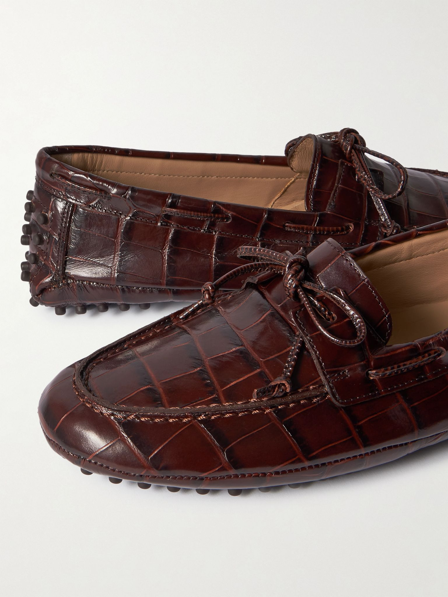 Driver tie-detailed croc-effect leather loafers Chocolate - 4