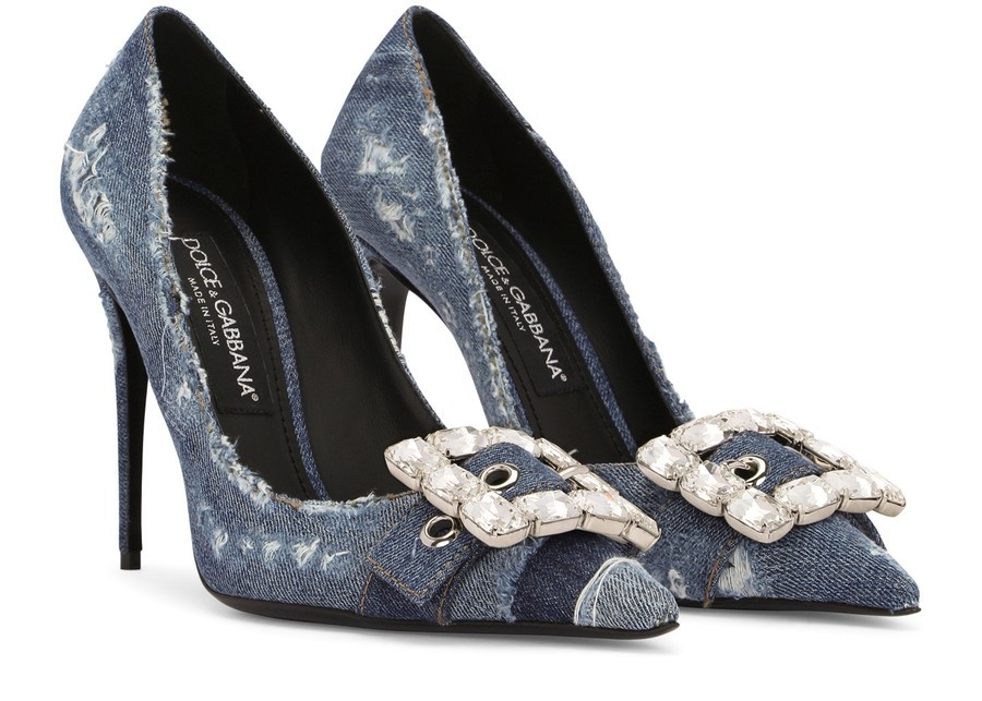 Patchwork denim pumps with rhinestone buckle - 2