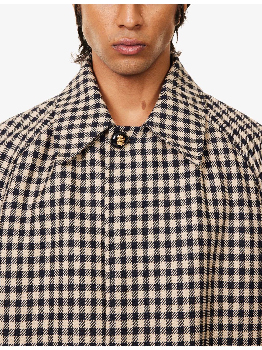 Check-Pattern Longline Cotton and Wool Coat - 5