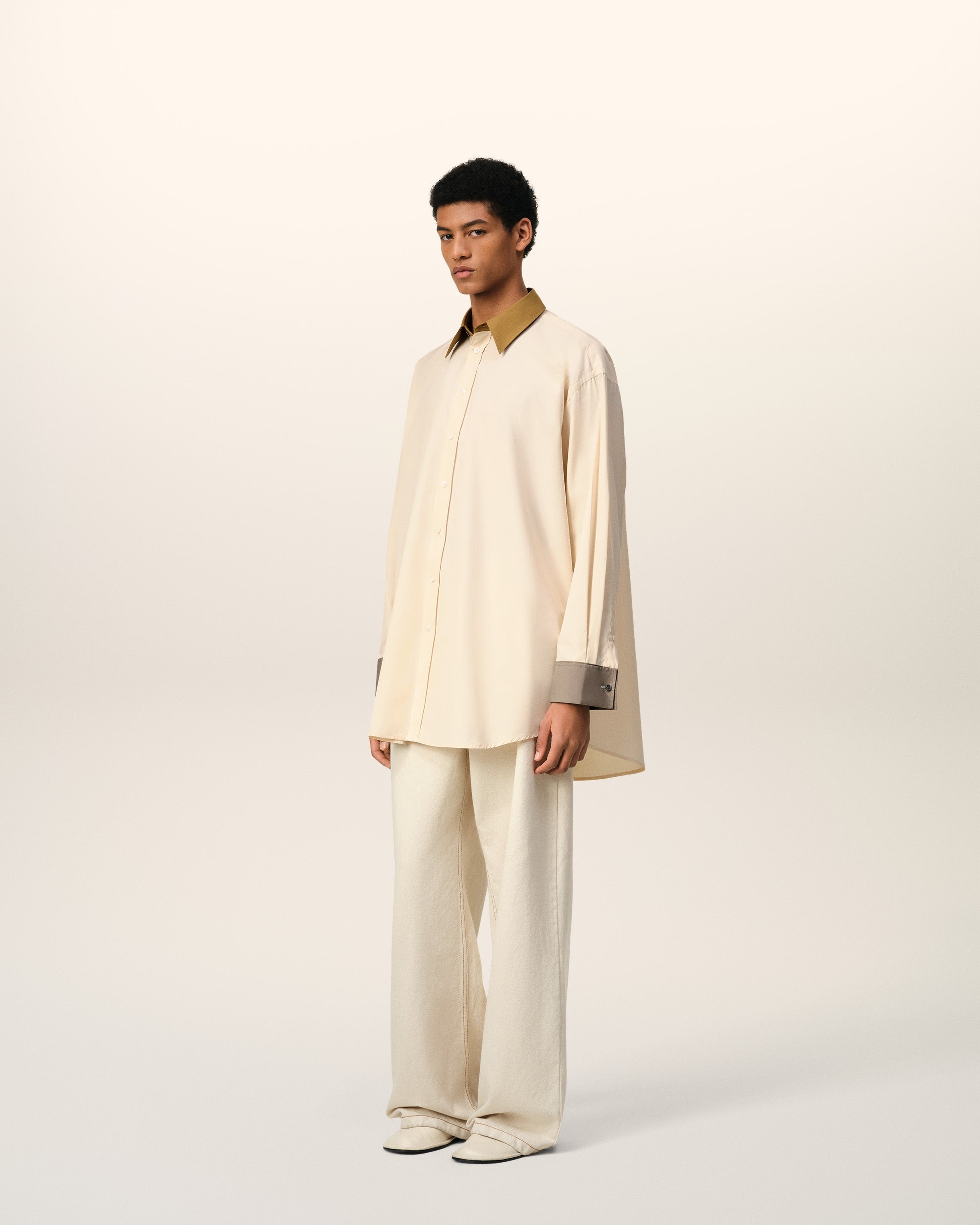 BEIGE COTTON CLASSIC COLLAR LOOSE SHIRT - 6