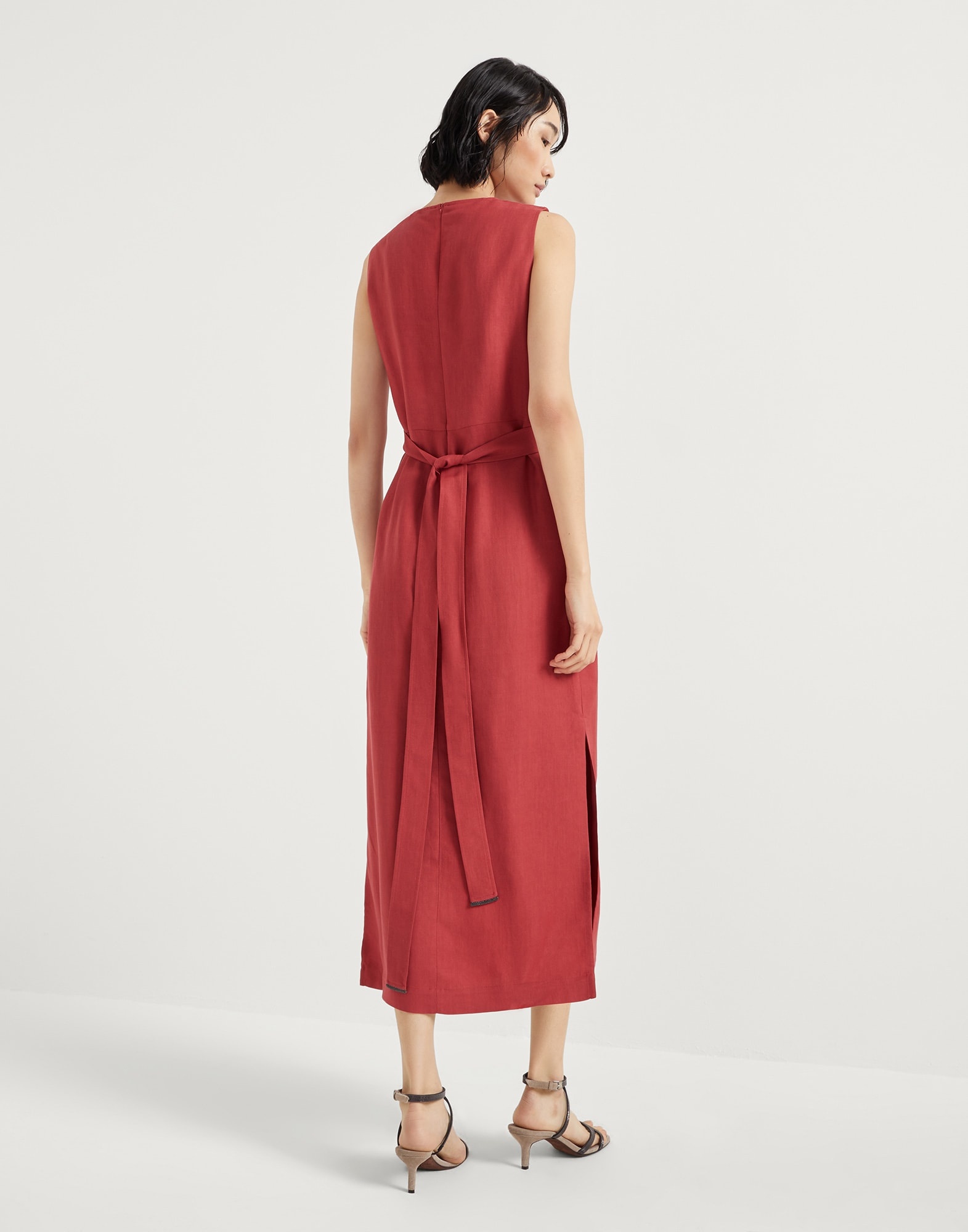 Viscose and linen fluid twill wrap-effect dress with monili - 2