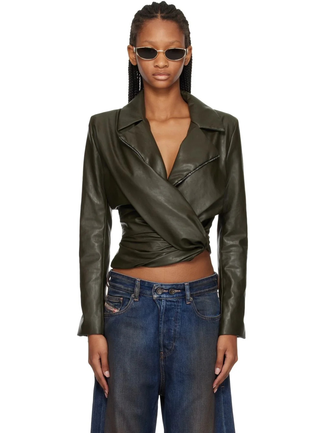 Khaki Draped Wrap-Effect Faux-Leather Jacket - 1