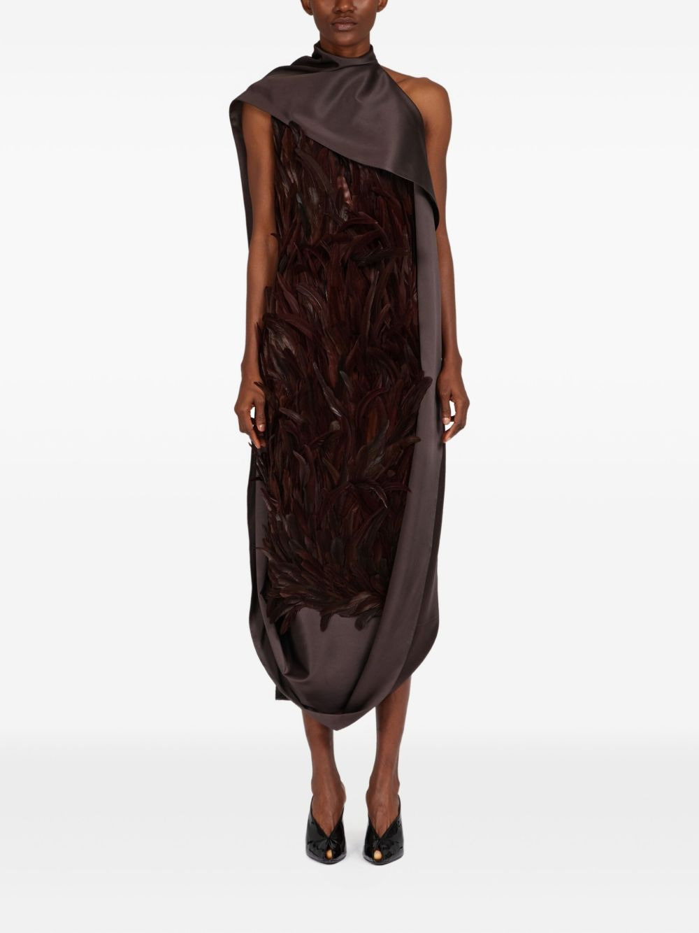 feather-embellished satin dress - 2