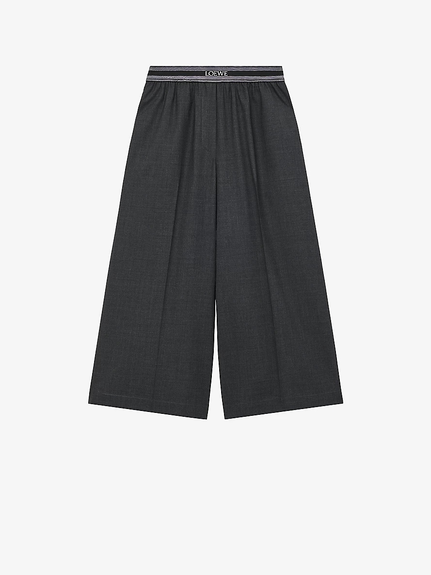 Branded-waistband wide-leg high-rise wool-blend trousers - 1