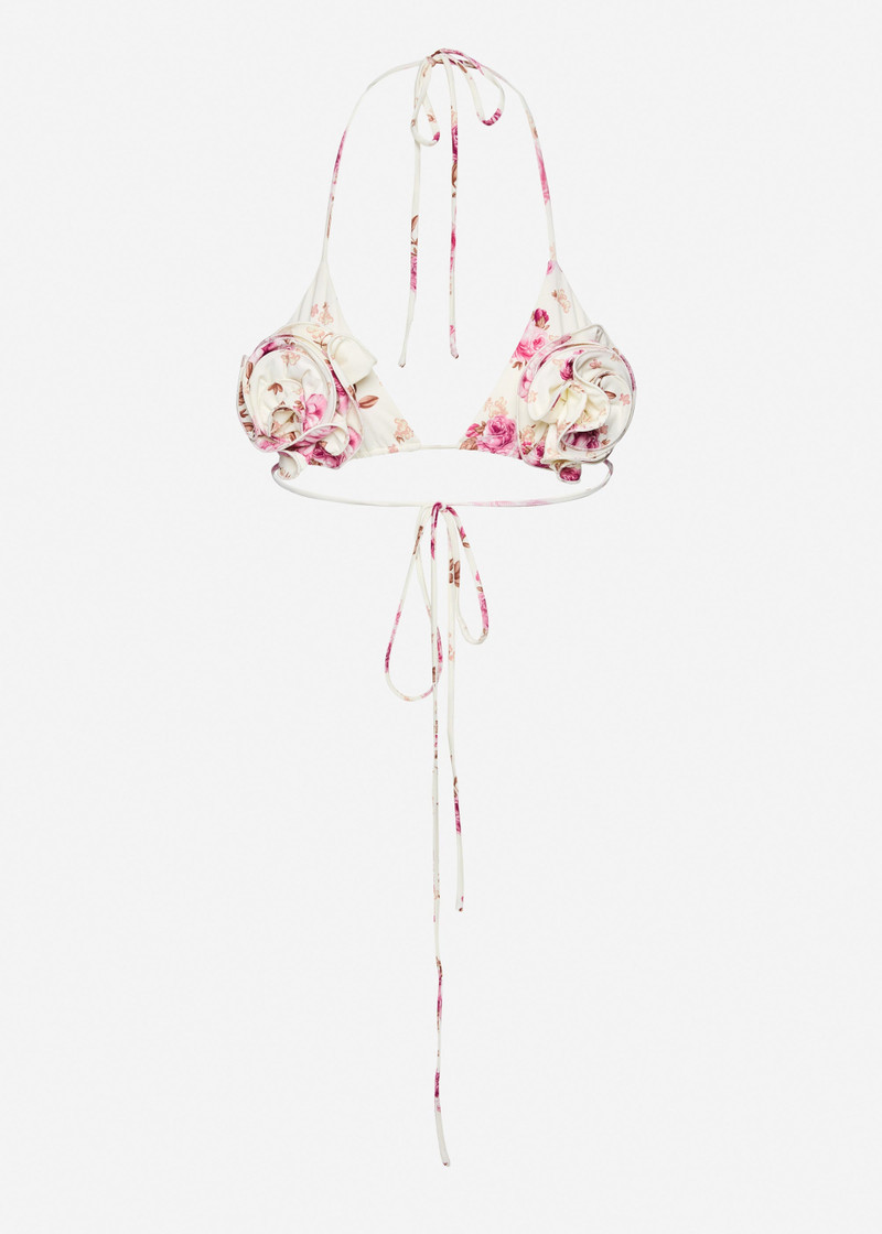 Strappy triangle bikini top in cream floral print 1