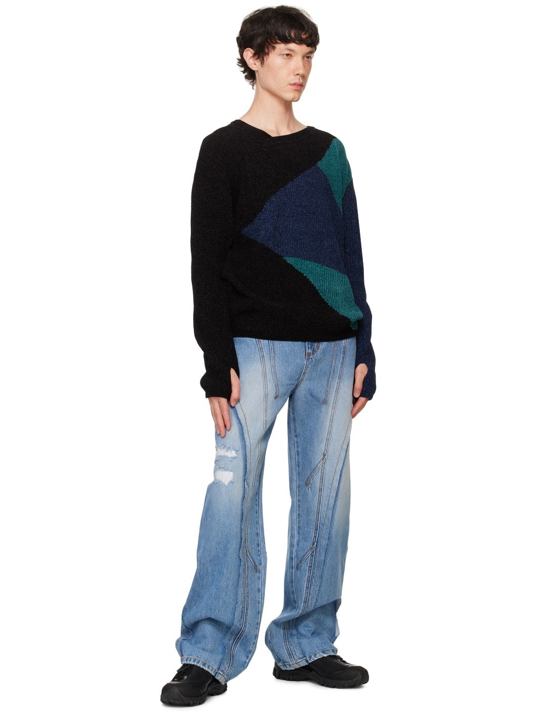 Blue Panel Carpenter Wide-Leg Jeans - 4