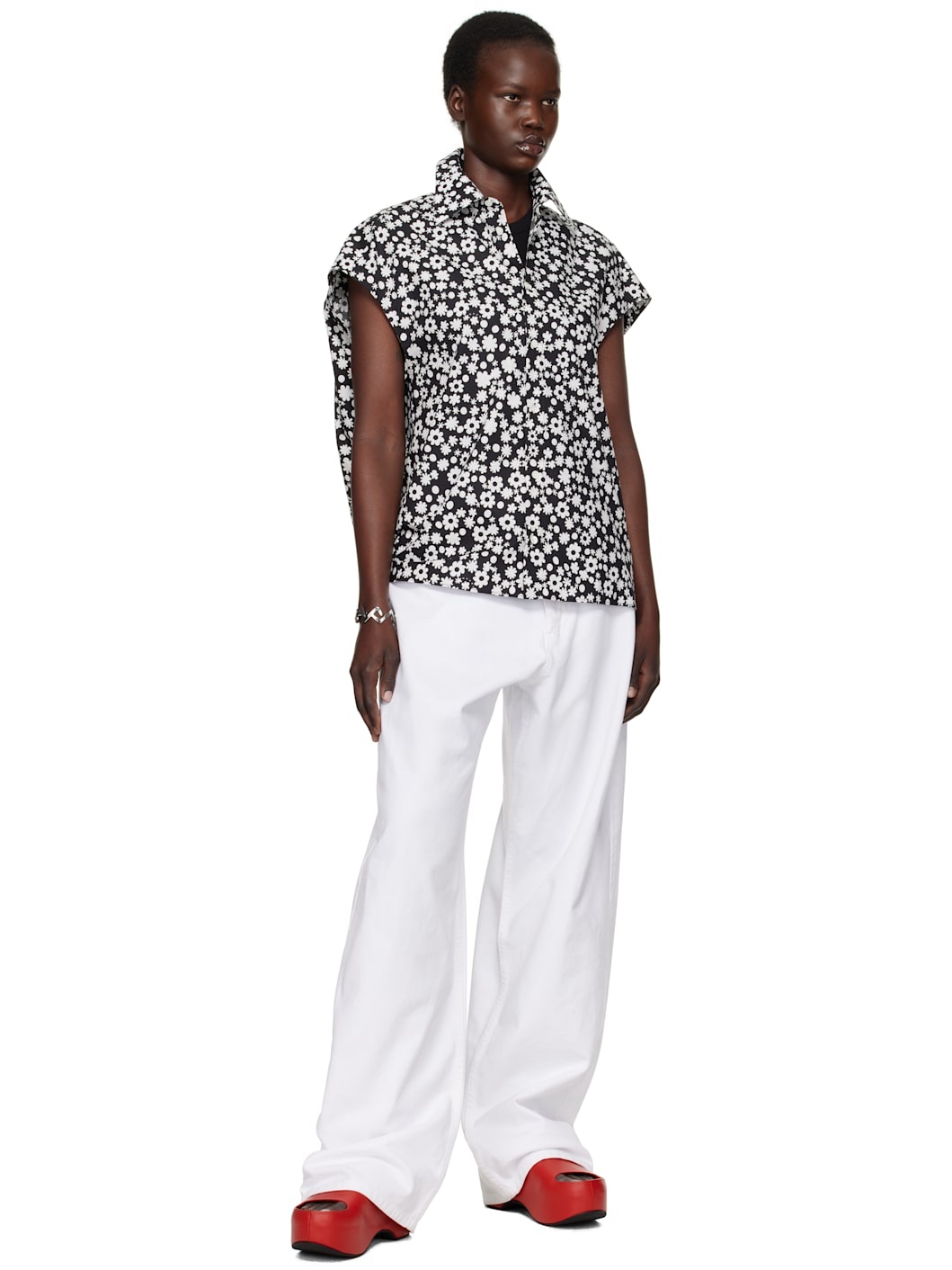 Black & White Pop Fields Sleeveless Cocoon Shirt - 4