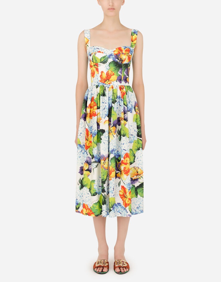 Hydrangea-print calf-length poplin dress - 1