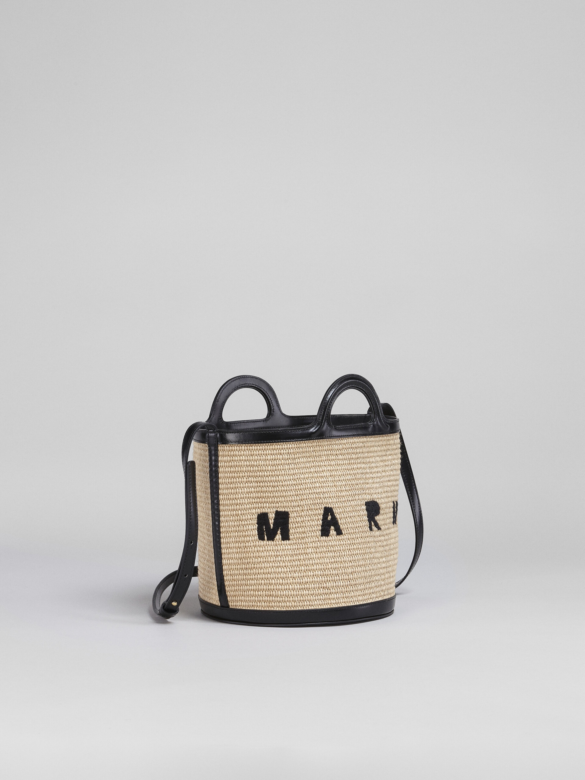 TROPICALIA SMALL BUCKET BAG  IN BLACK LEATHER AND RAFFIA - 6