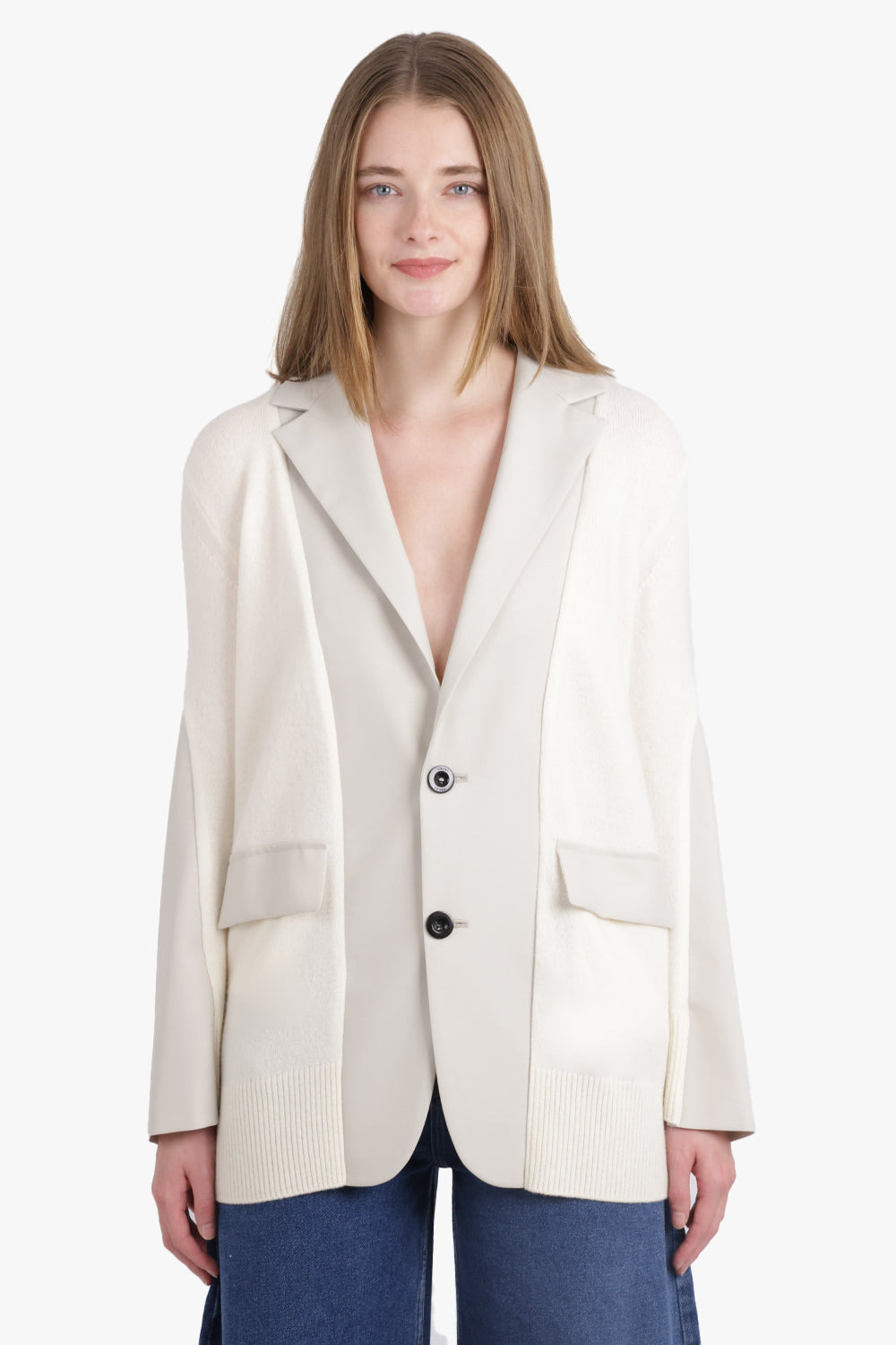 CARDIGAN X SUTING JACKET WITH BALLOON SLEEVES | ECRU/OFF WHITE - 2