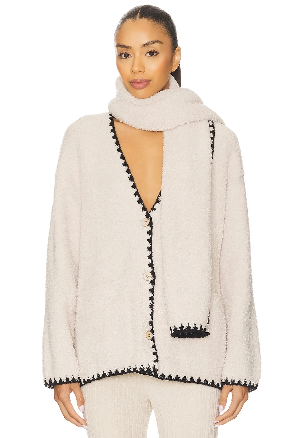 CozyChic Blanket Stitch Cardigan With Detachable Scarf - 1
