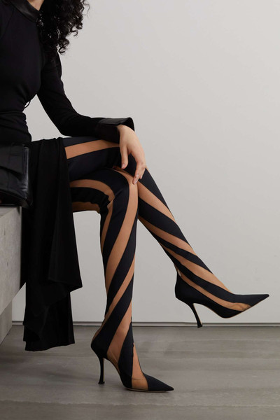 JIMMY CHOO + Mugler 100 two-tone jersey and mesh thigh boots outlook