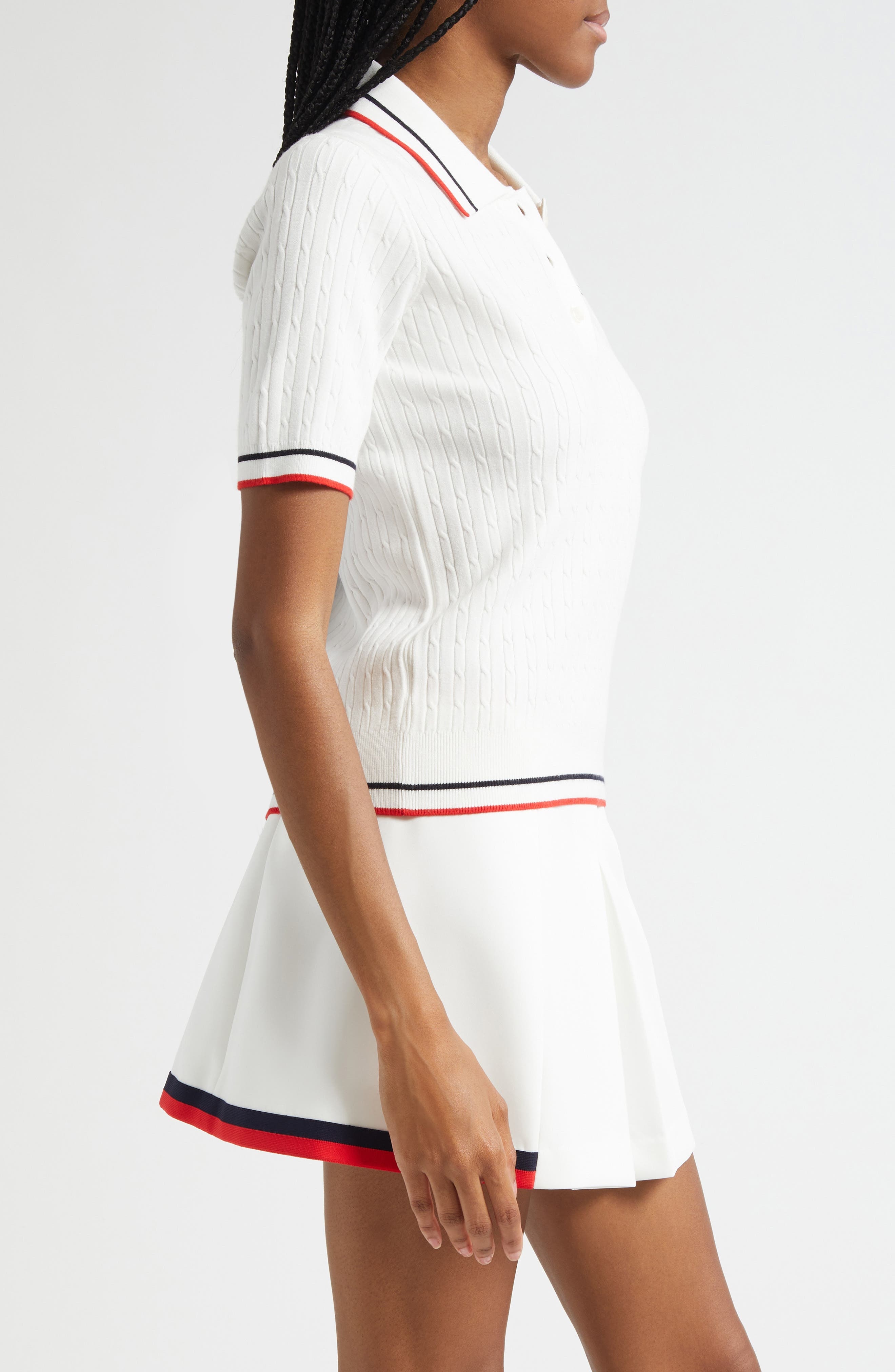 Sporty & Rich Serif Logo Mini Cable Knit Polo in White/Dark Navy/Ruby at Nordstrom - 4
