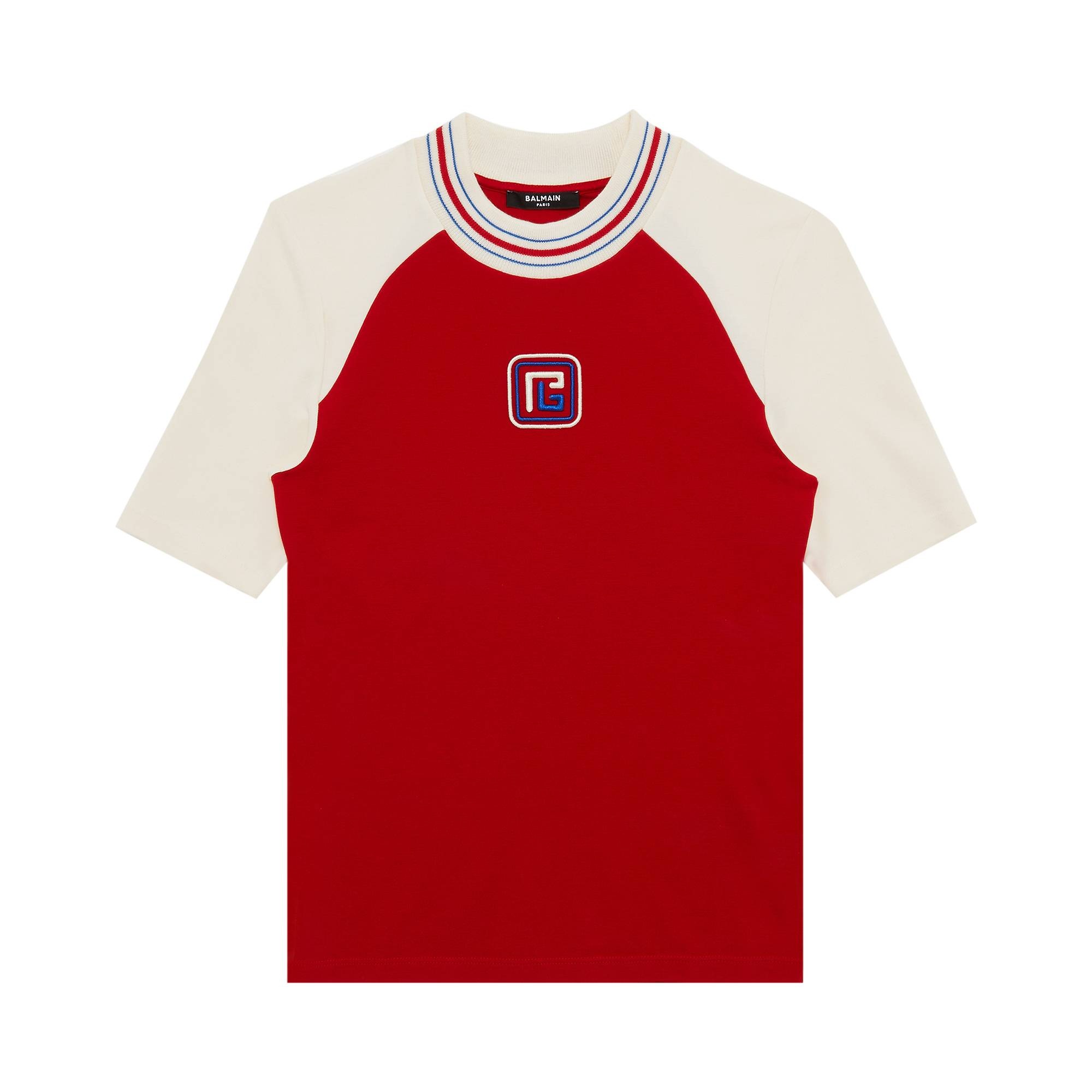 Balmain Raglan Retro PB T-Shirt 'Rouge Vif/Crème/Bleu Moyen' - 1