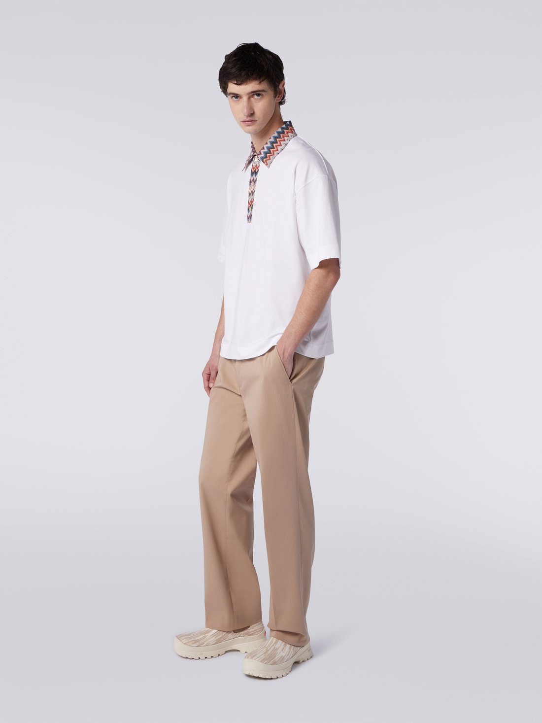 Short-sleeved cotton jersey polo shirt with zigzag inserts - 3