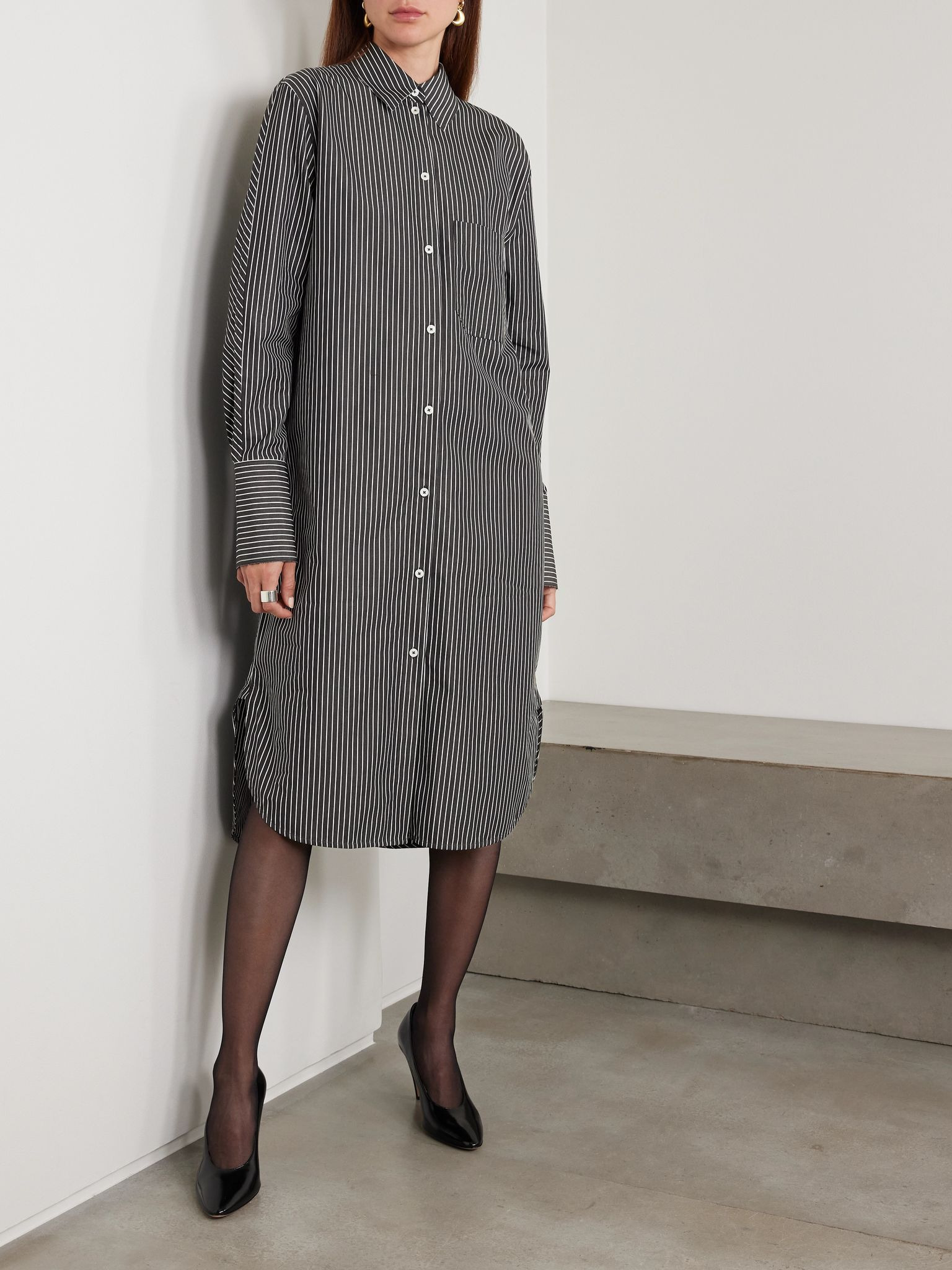 Striped organic cotton-poplin midi shirt dress Black - 3