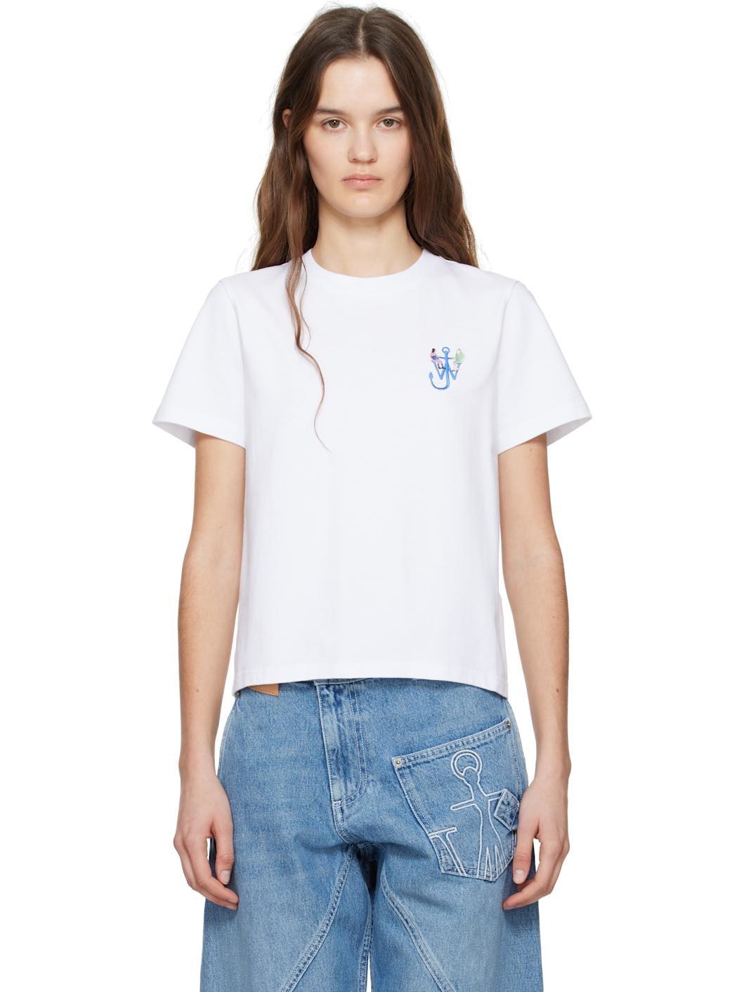 White Anchor Embroidery Printed T-shirt - 1