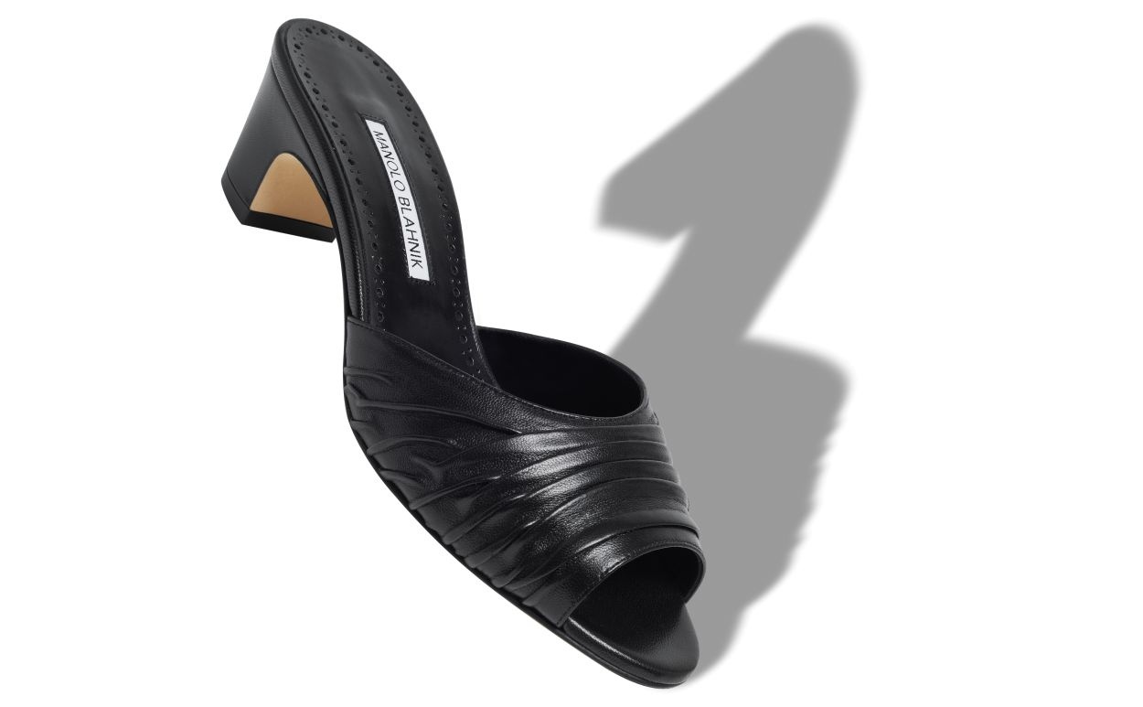 Black Nappa Leather Ruched Open Toe Mules - 2