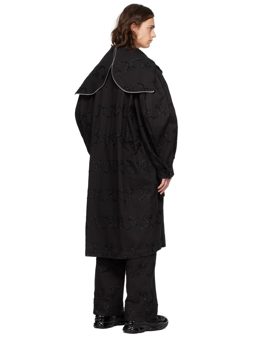 Black Embroidered Denim Coat - 3