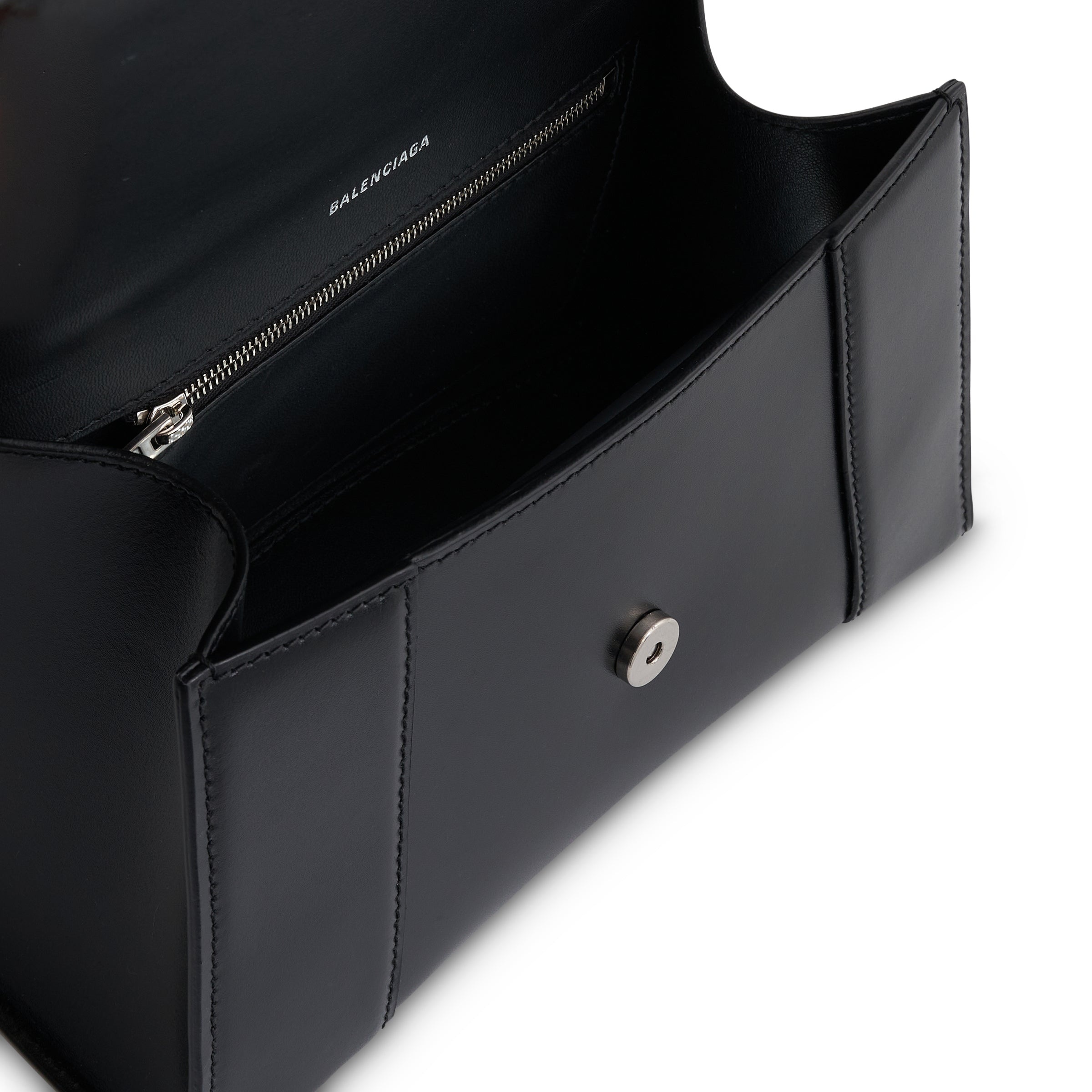 Hourglass XS Handbag in Box Calfskin in Black with Silver Plaque - 4