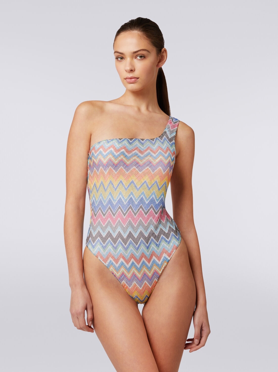 One-shoulder one-piece swimming costume with zigzag print and lurex - 2
