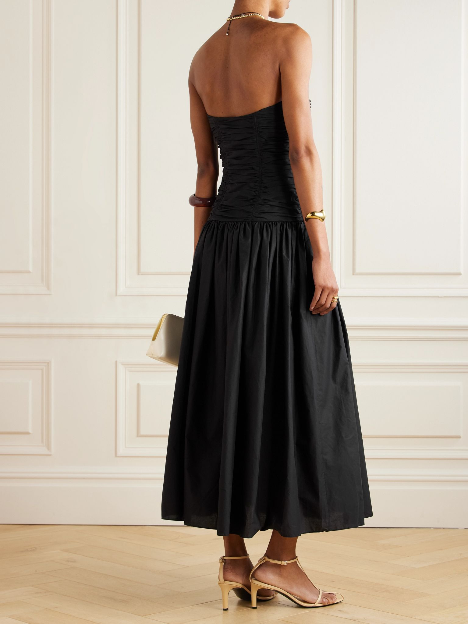 Strapless ruched organic cotton-poplin midi dress Black - 3