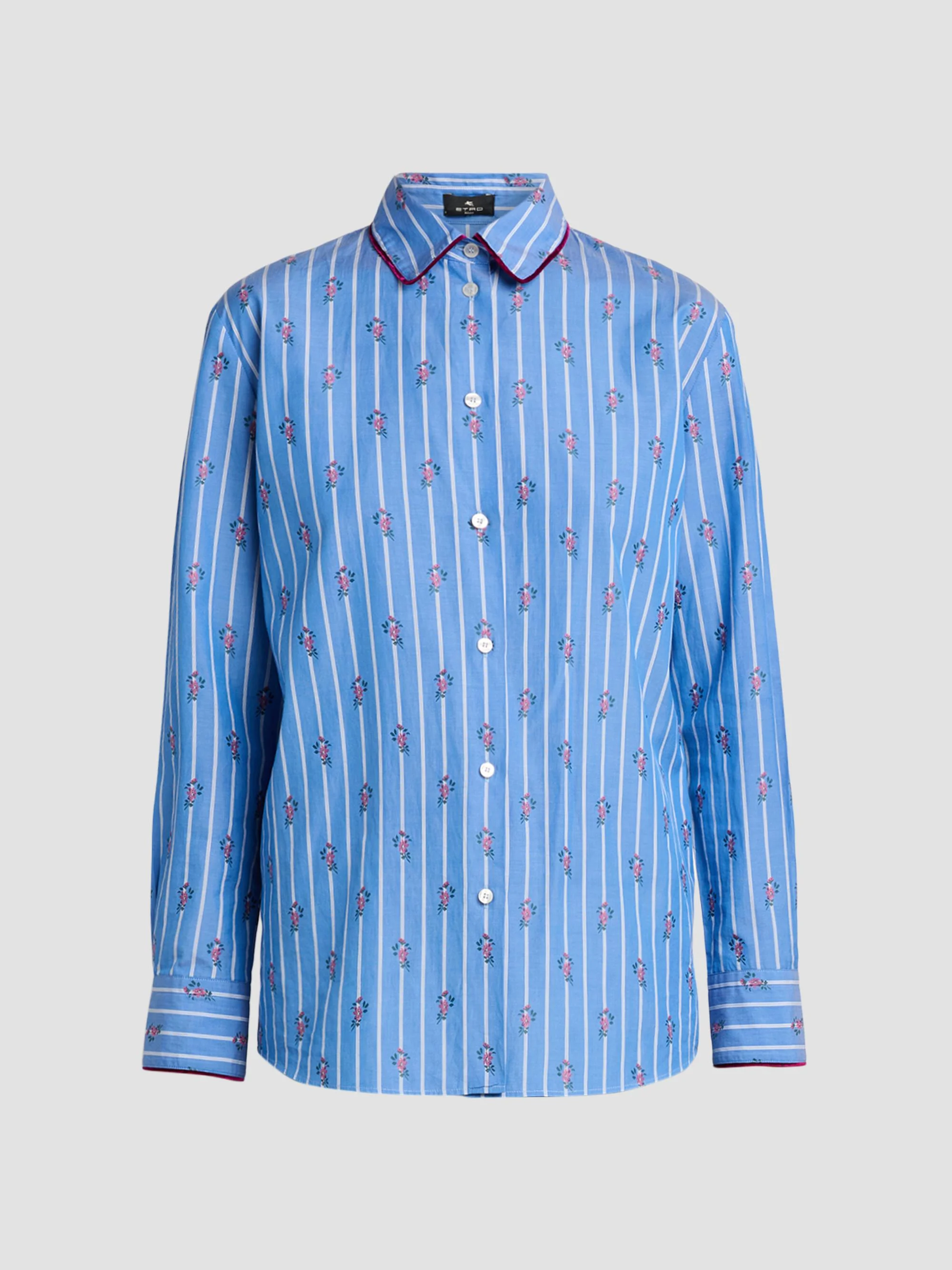 Women's Floral Striped Cotton Button-Front Shirt - Multicolor Blue Base - 1