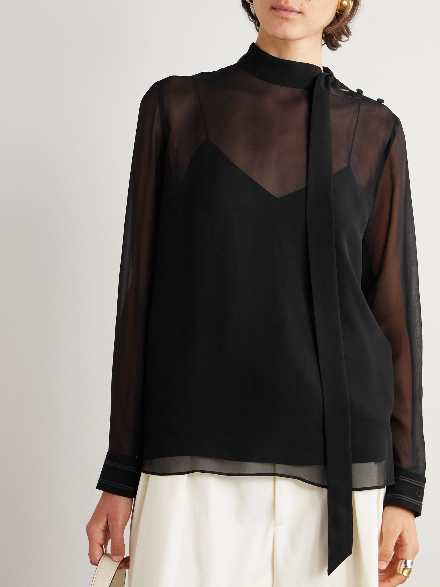 Tie-detailed silk-georgette blouse Black - 3