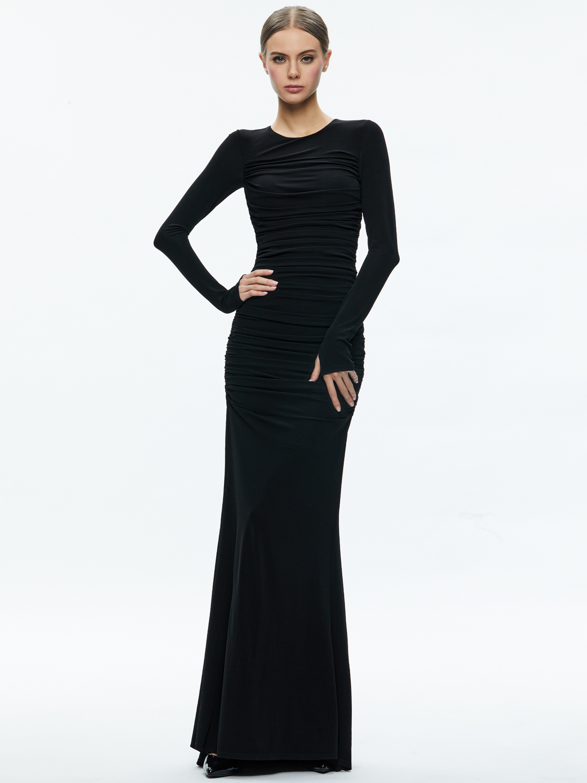 KATHERINA CREW NECK LONG SLEEVE RUCHED MAXI DRESS - 4