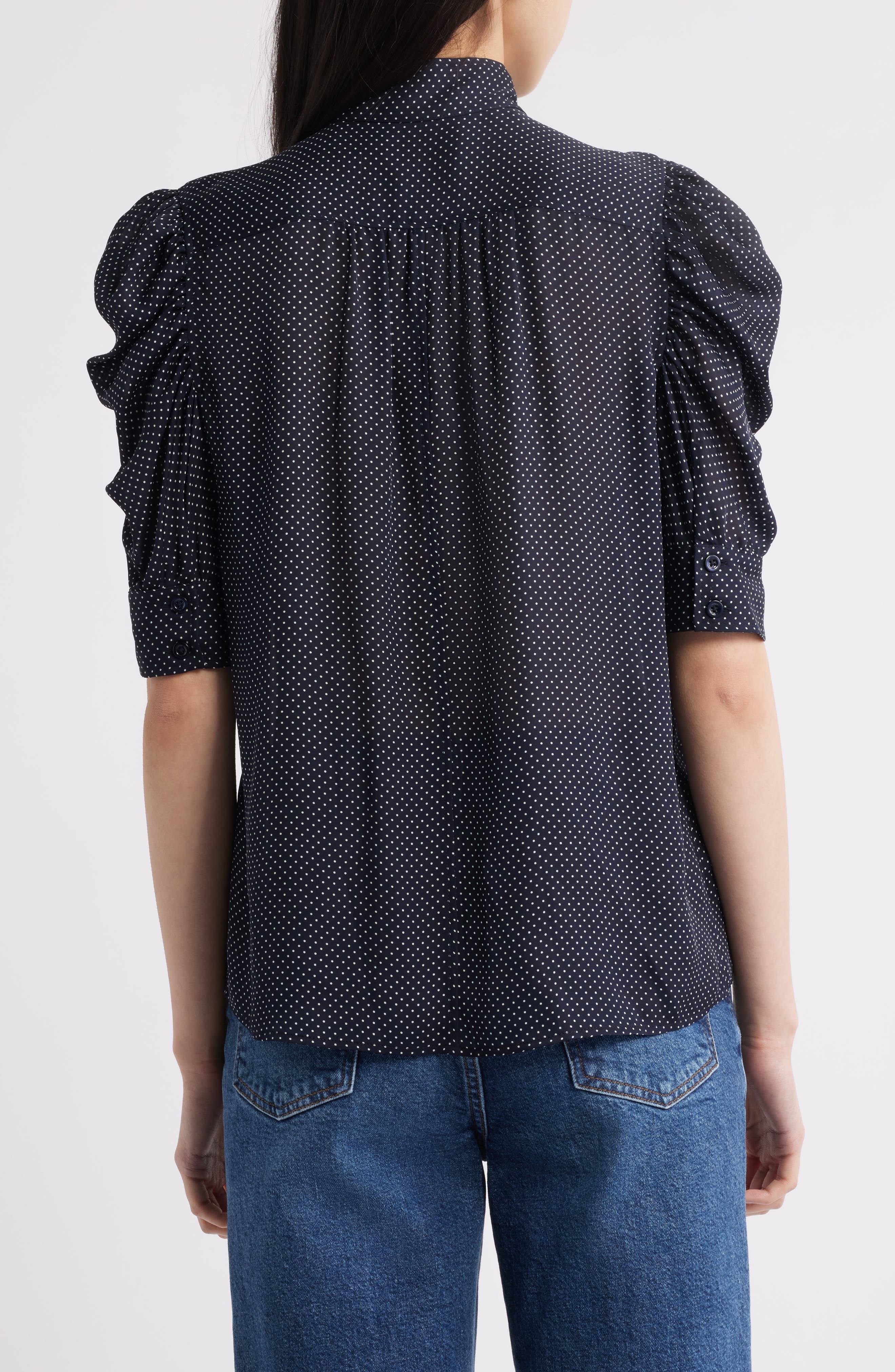 FRAME The Gillian Puff Sleeve Silk Blouse in Navy Multi at Nordstrom - 2