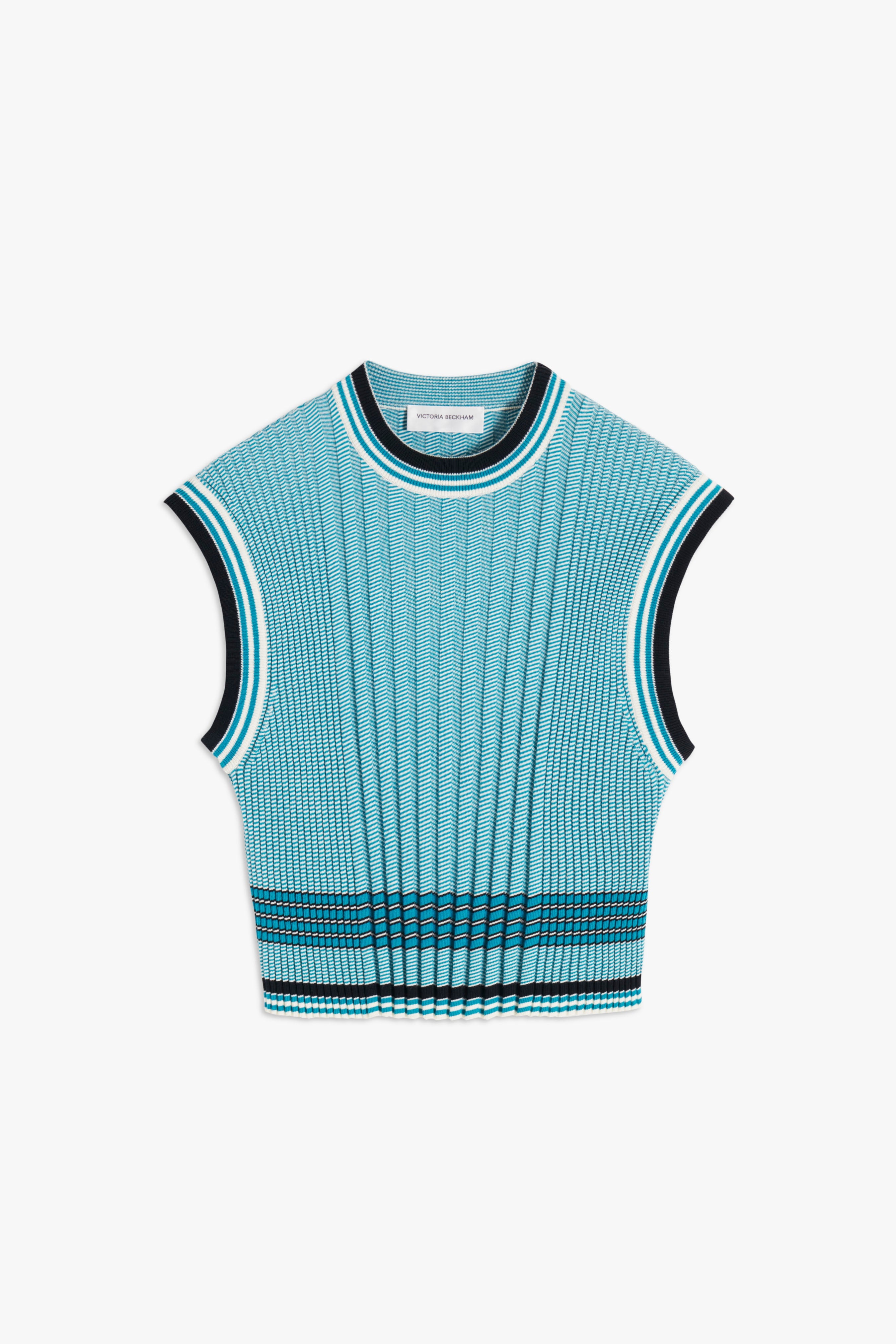 Knitted Crew-Neck Tank Top in Teal Stripe - 1