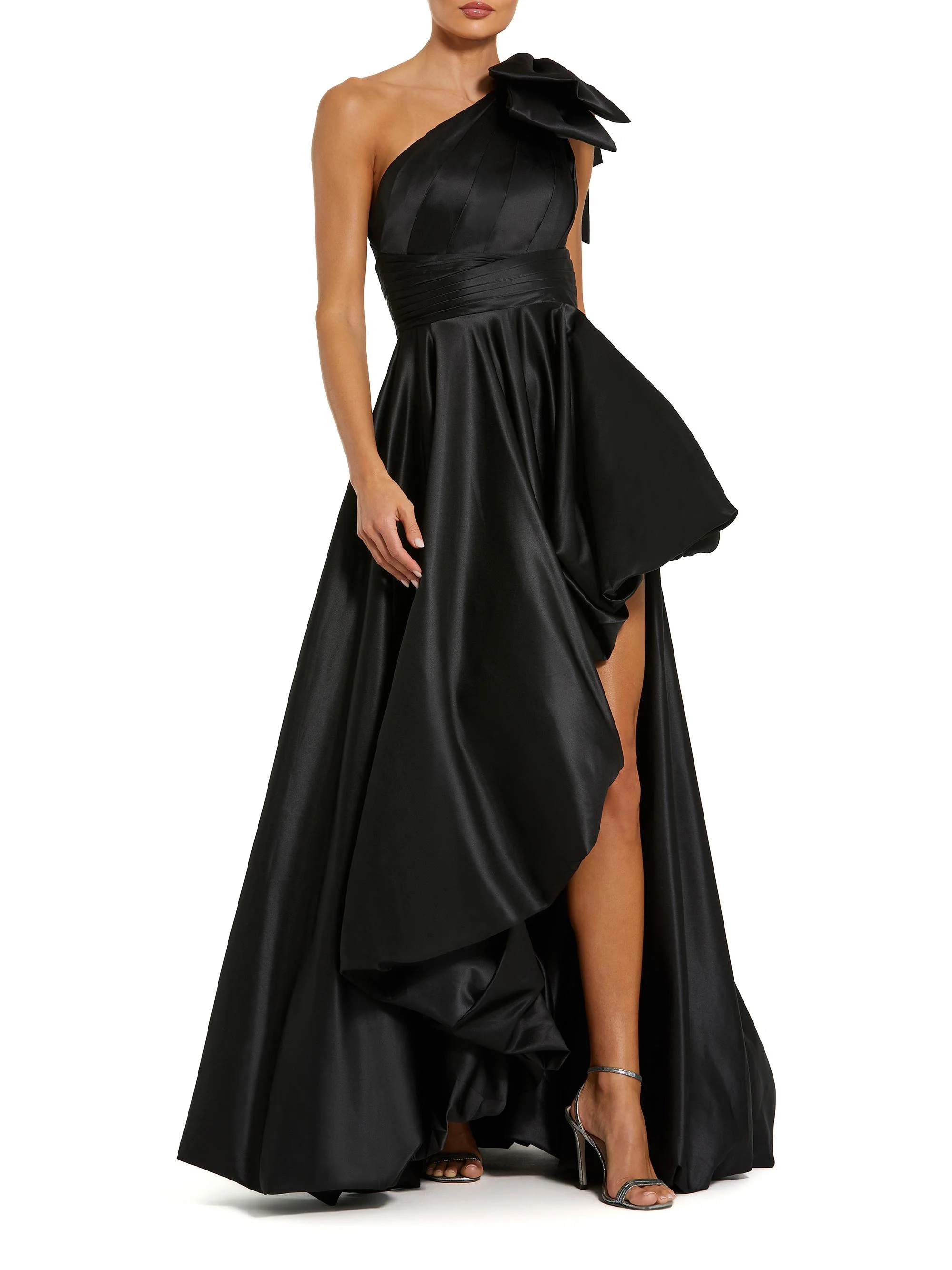 Women's Prom Satin One-Shoulder Gown - Black - 1