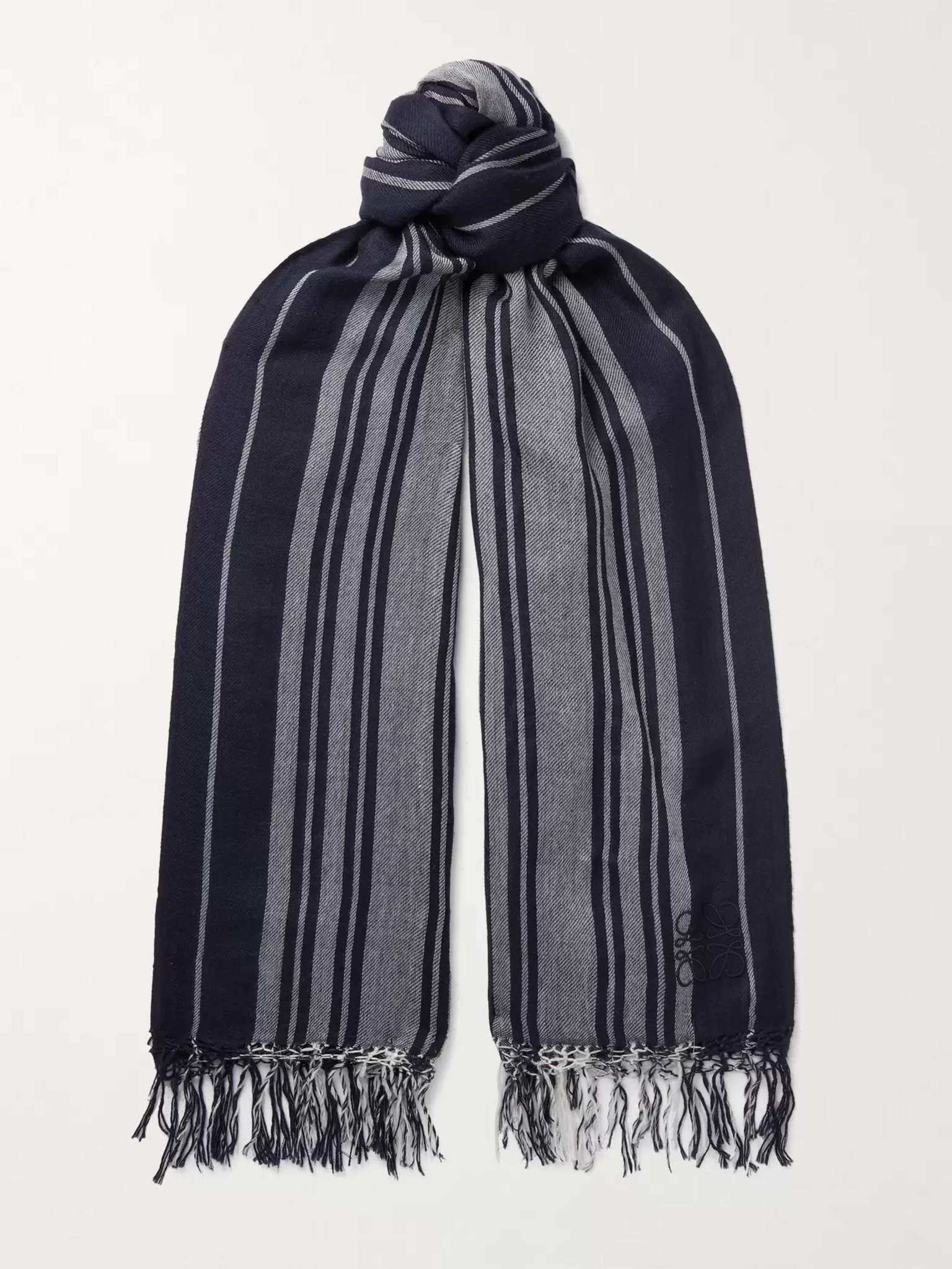 Logo-Embroidered Fringed Striped Cashmere Scarf - 1