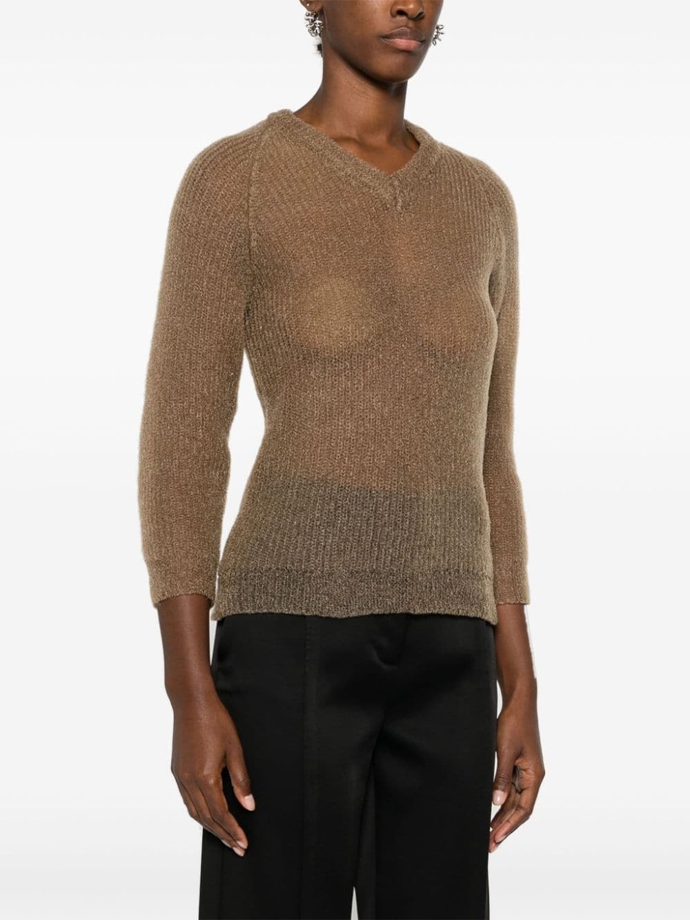 semi-sheer V-neck jumper - 3