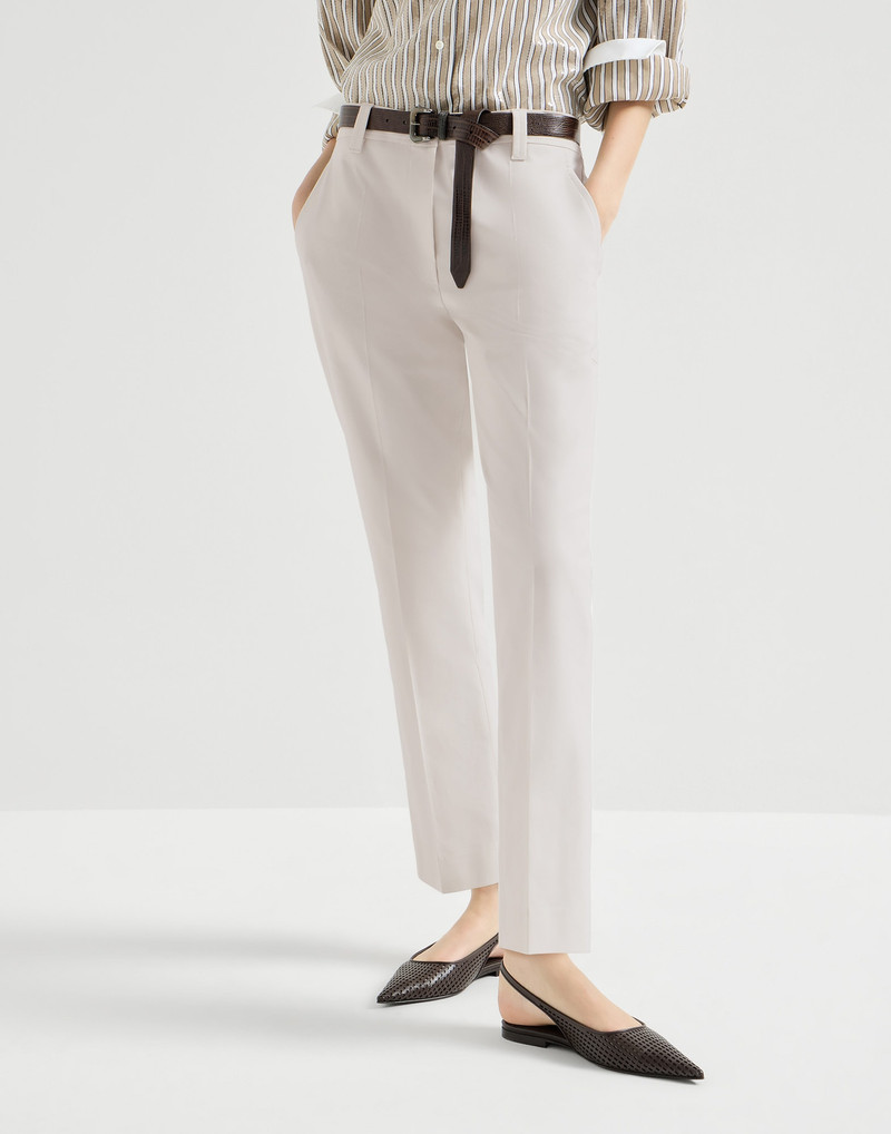 Stretch twisted cotton twill cigarette trousers with monili 2