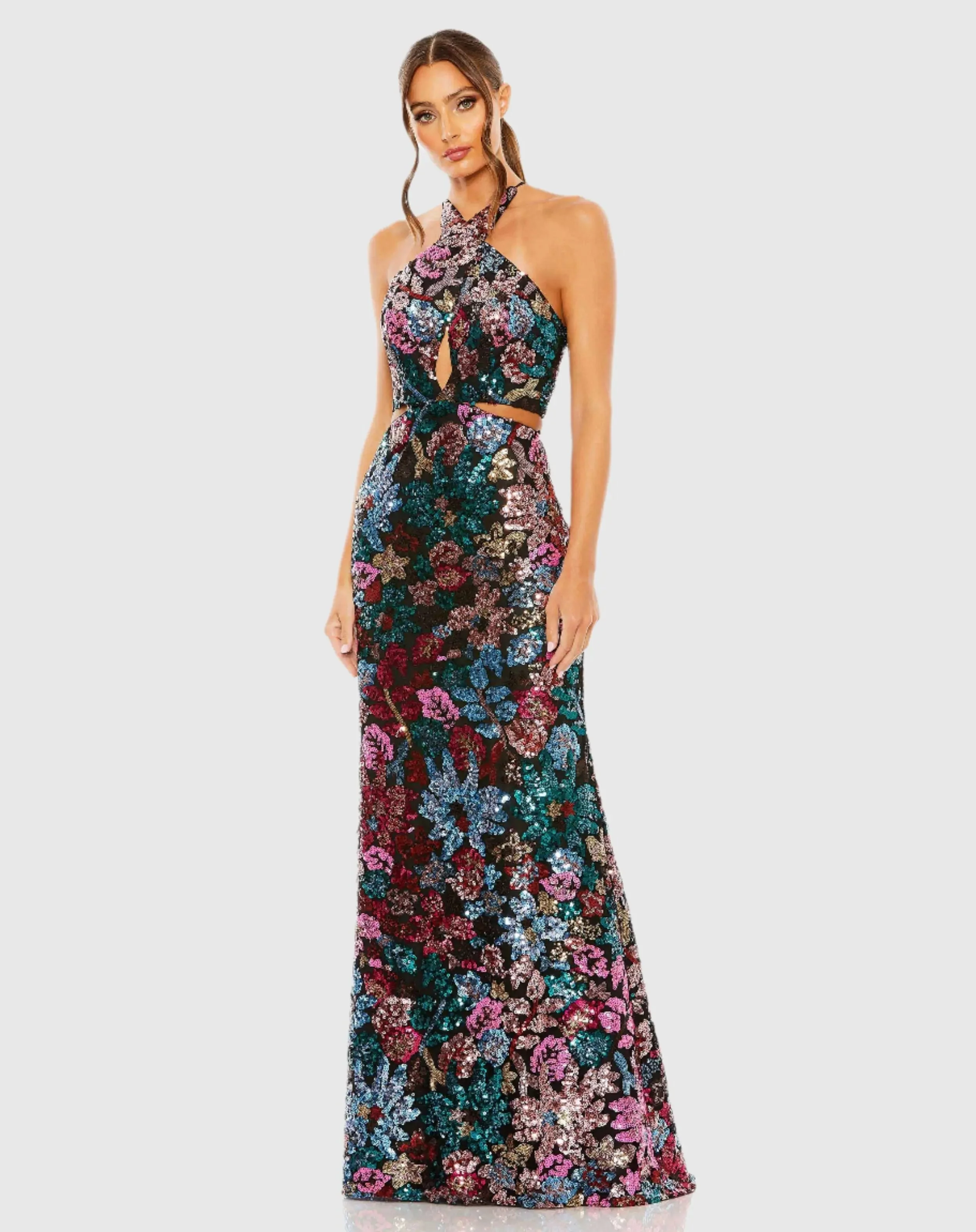 Black Sequin Embellished Cross Neck Gown - 1