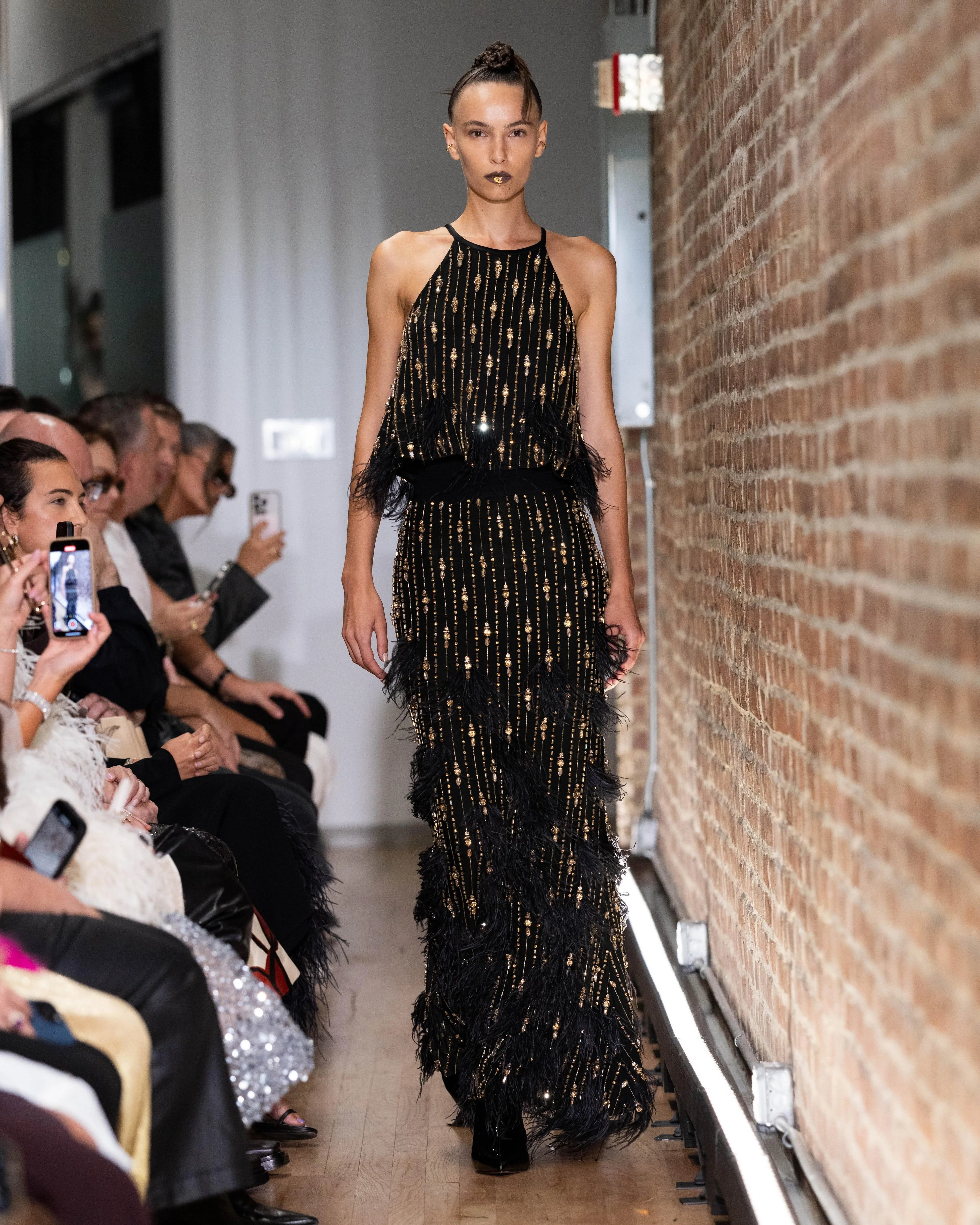 Satin Crop Halter Cami With Deco Stripe Embroidery - 1