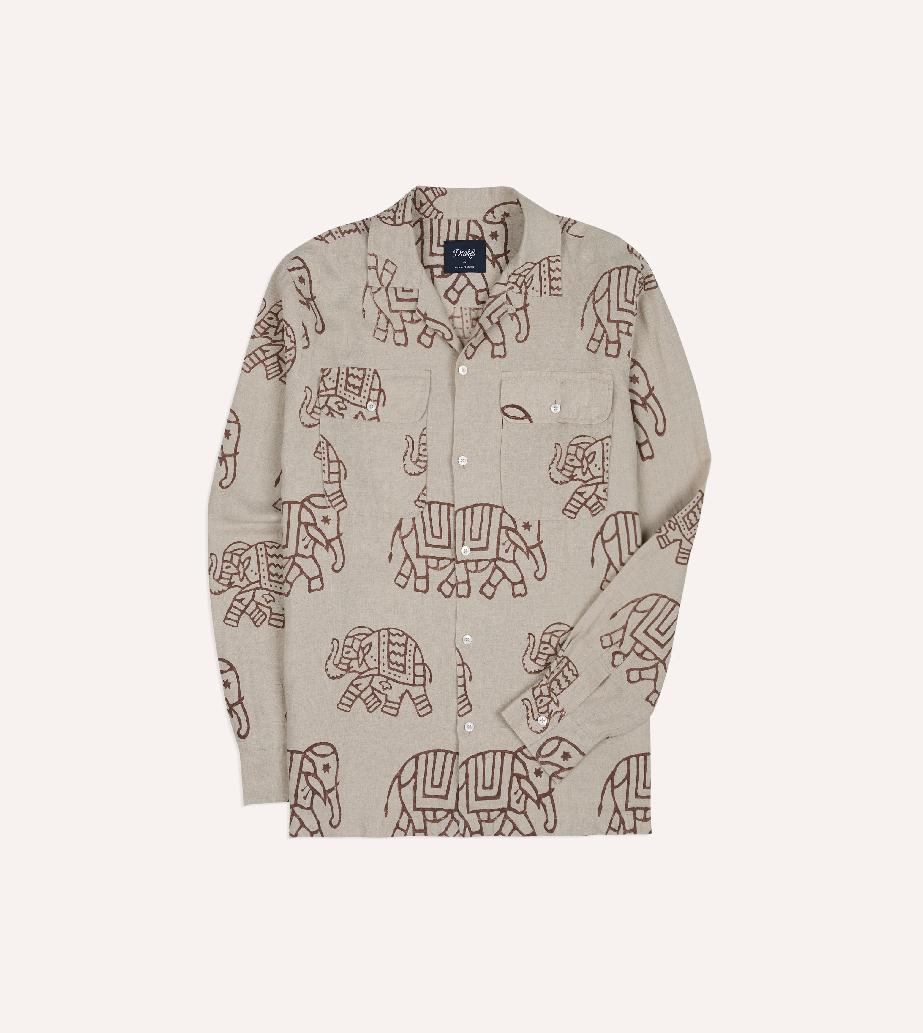White Elephant Block Print Linen Camp Collar Long Sleeve Shirt - 1