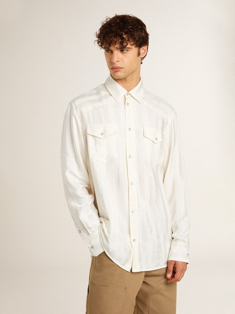 Golden Goose Men’s oversized worn-white shirt with vertical stripes outlook