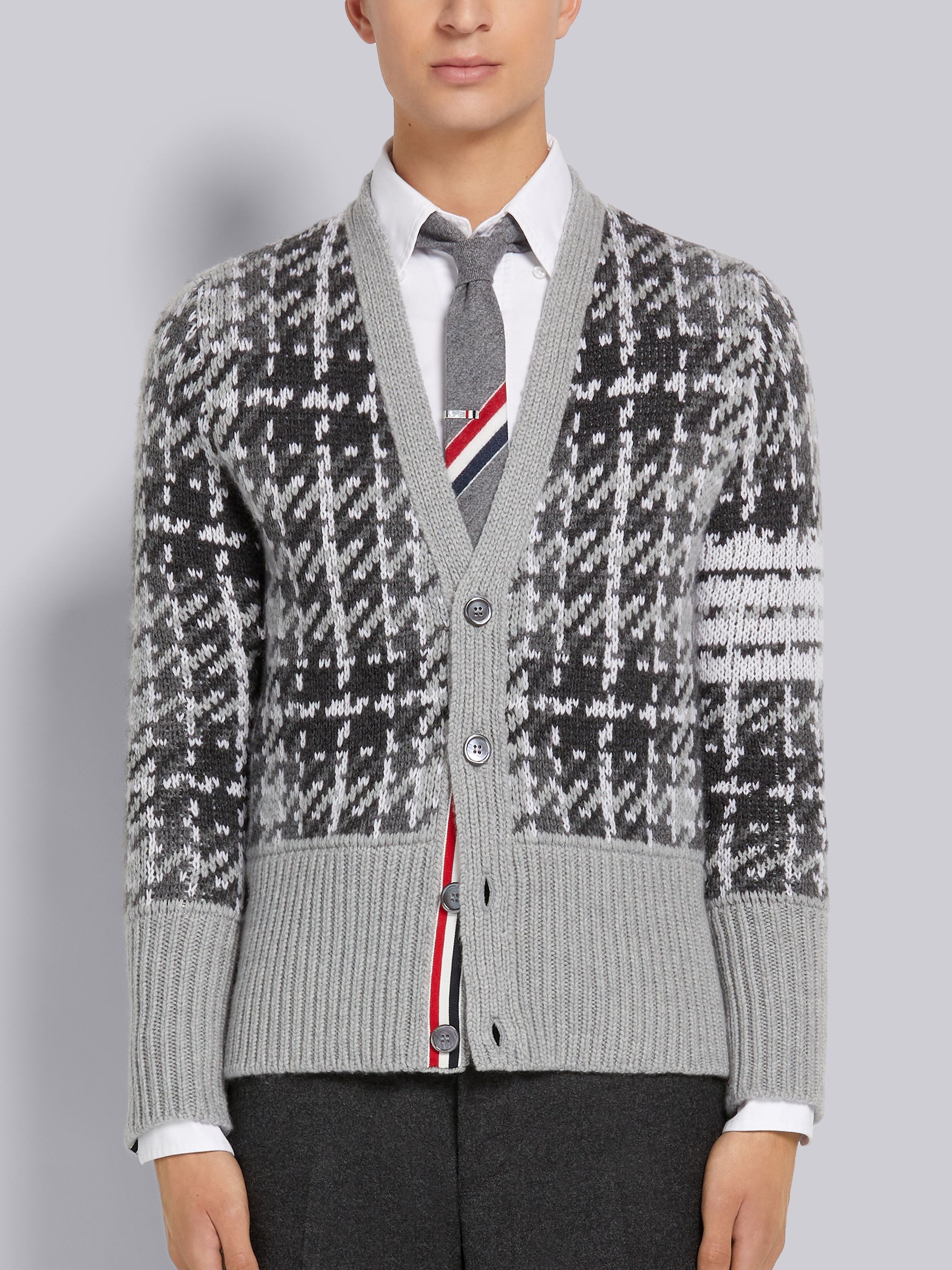 Tonal Grey Windowpane Check Jacquard Cashmere 4-Bar Stripe Classic V-Neck Cardigan - 1