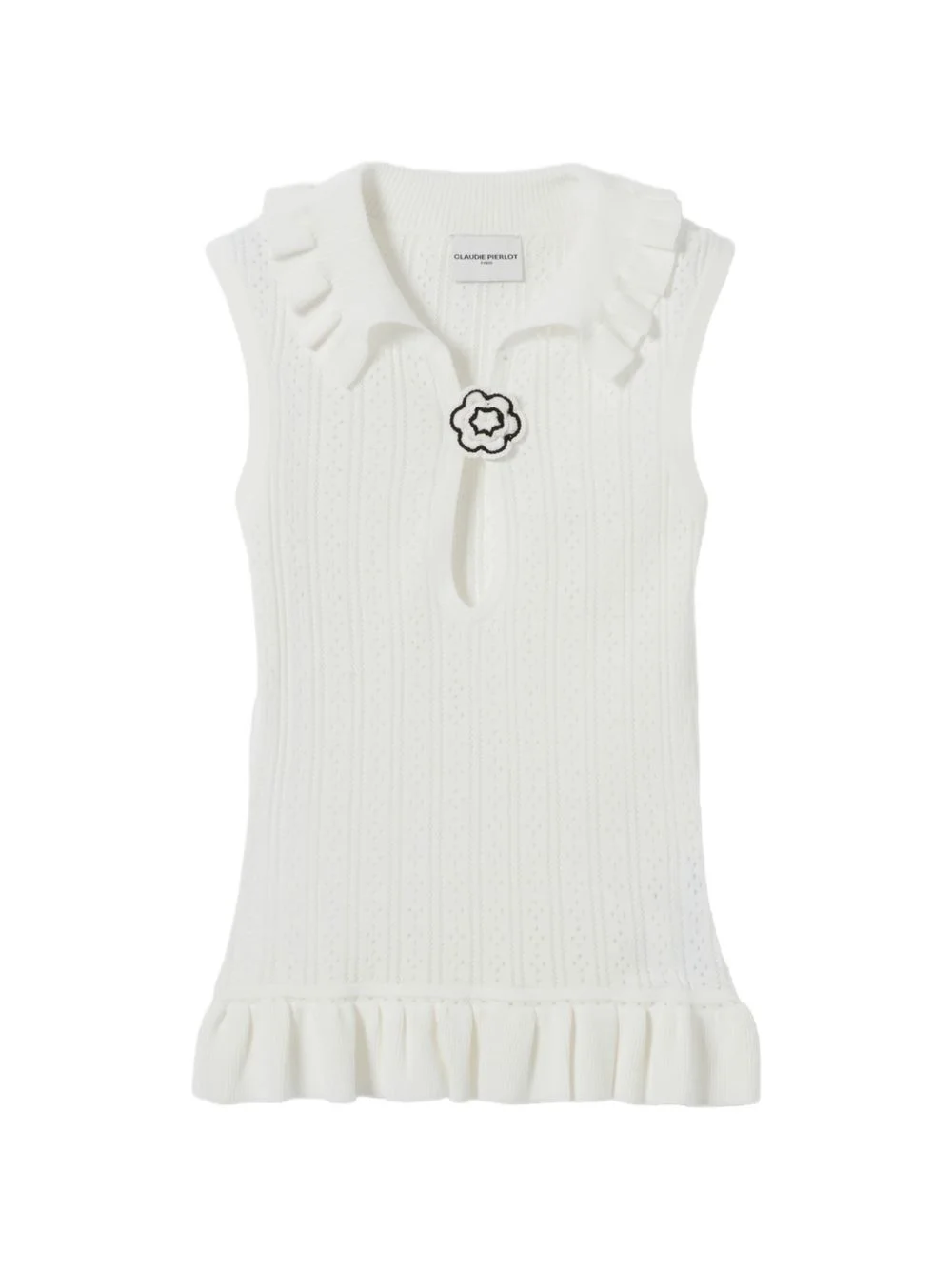 ruffled pointelle-knit polo top - 1
