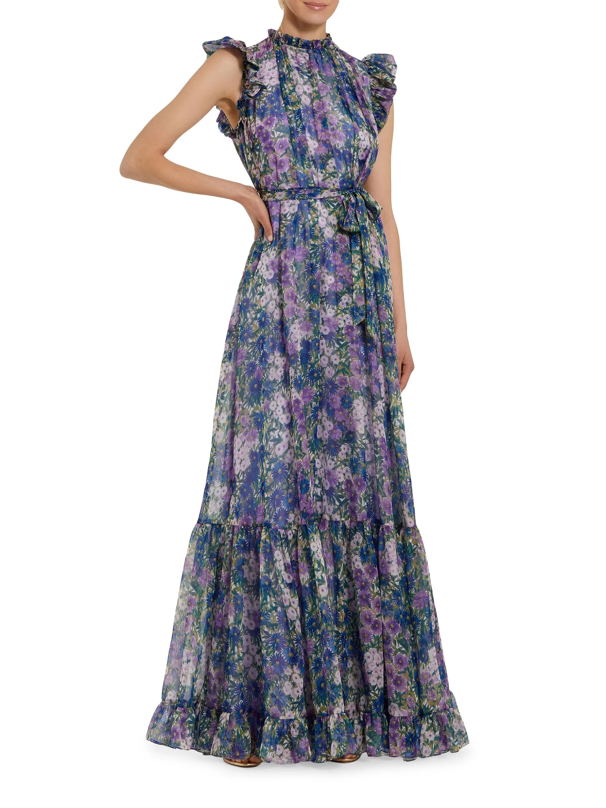 Women's Ieena Floral Print Chiffon Ruffle Gown - Lilac Multi - 1