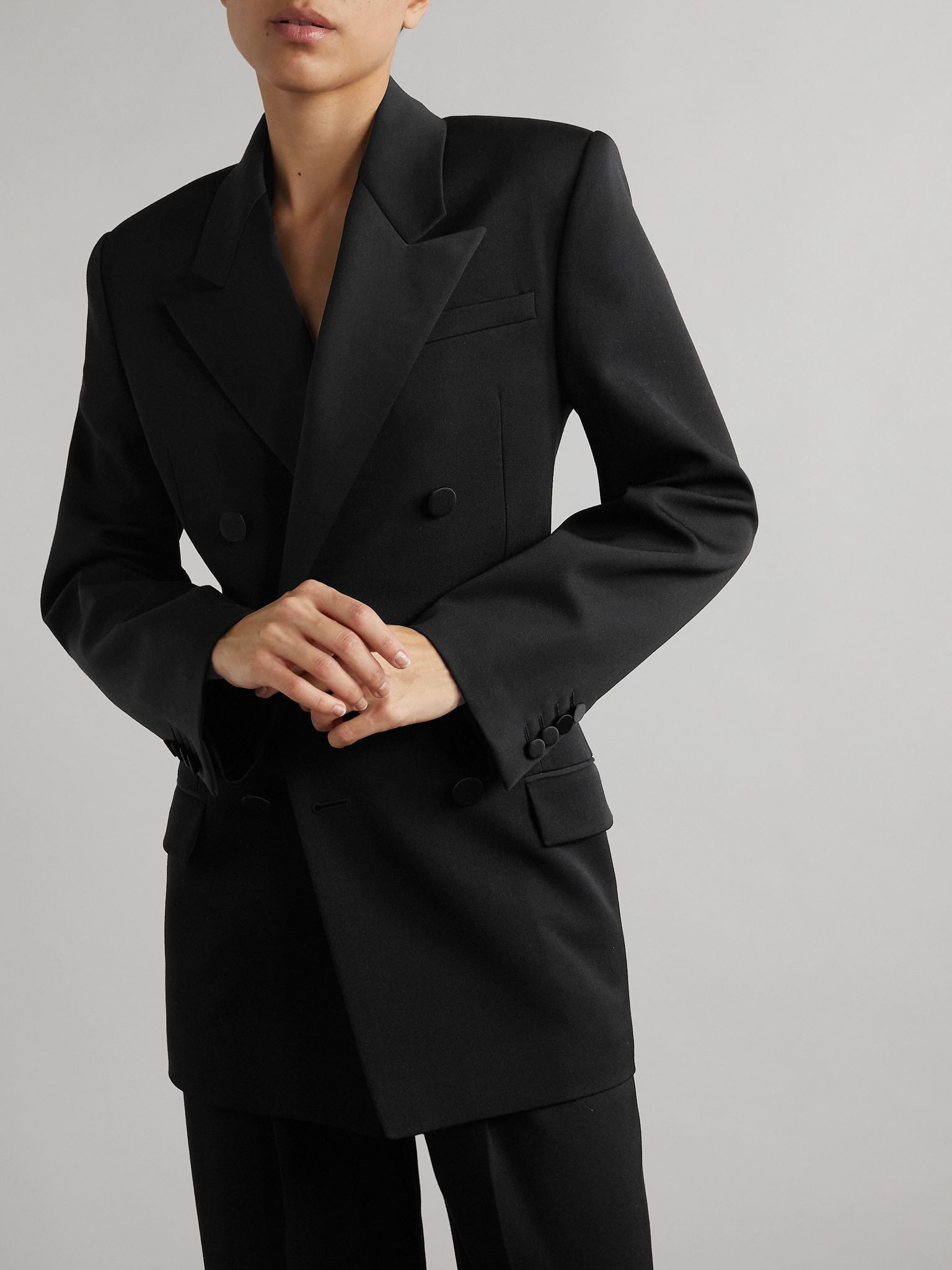 Double-breasted twill-trimmed grain de poudre wool blazer Black - 3