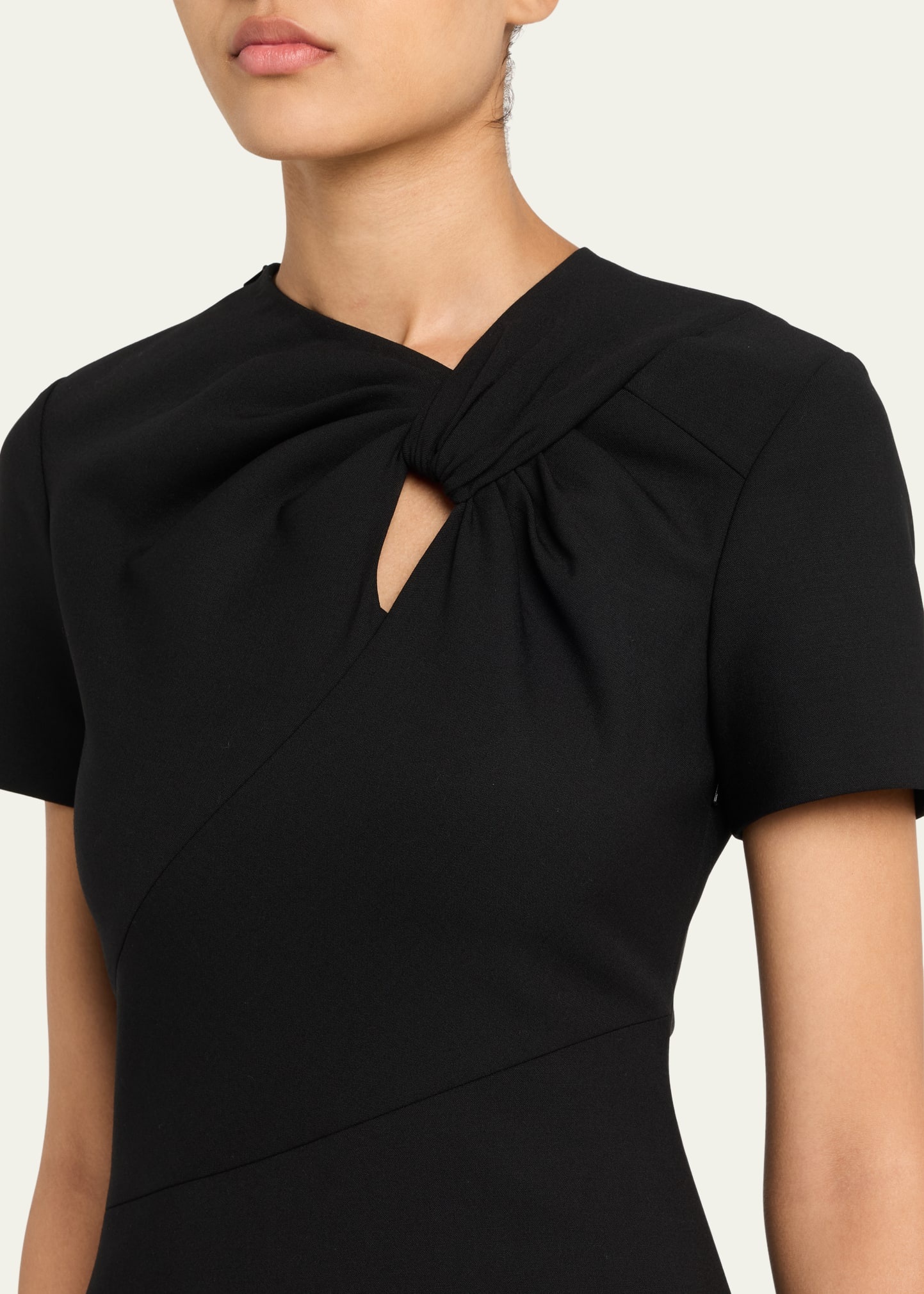 Twisted-Neck Short-Sleeve Double Stretch Wool Midi Dress - 5