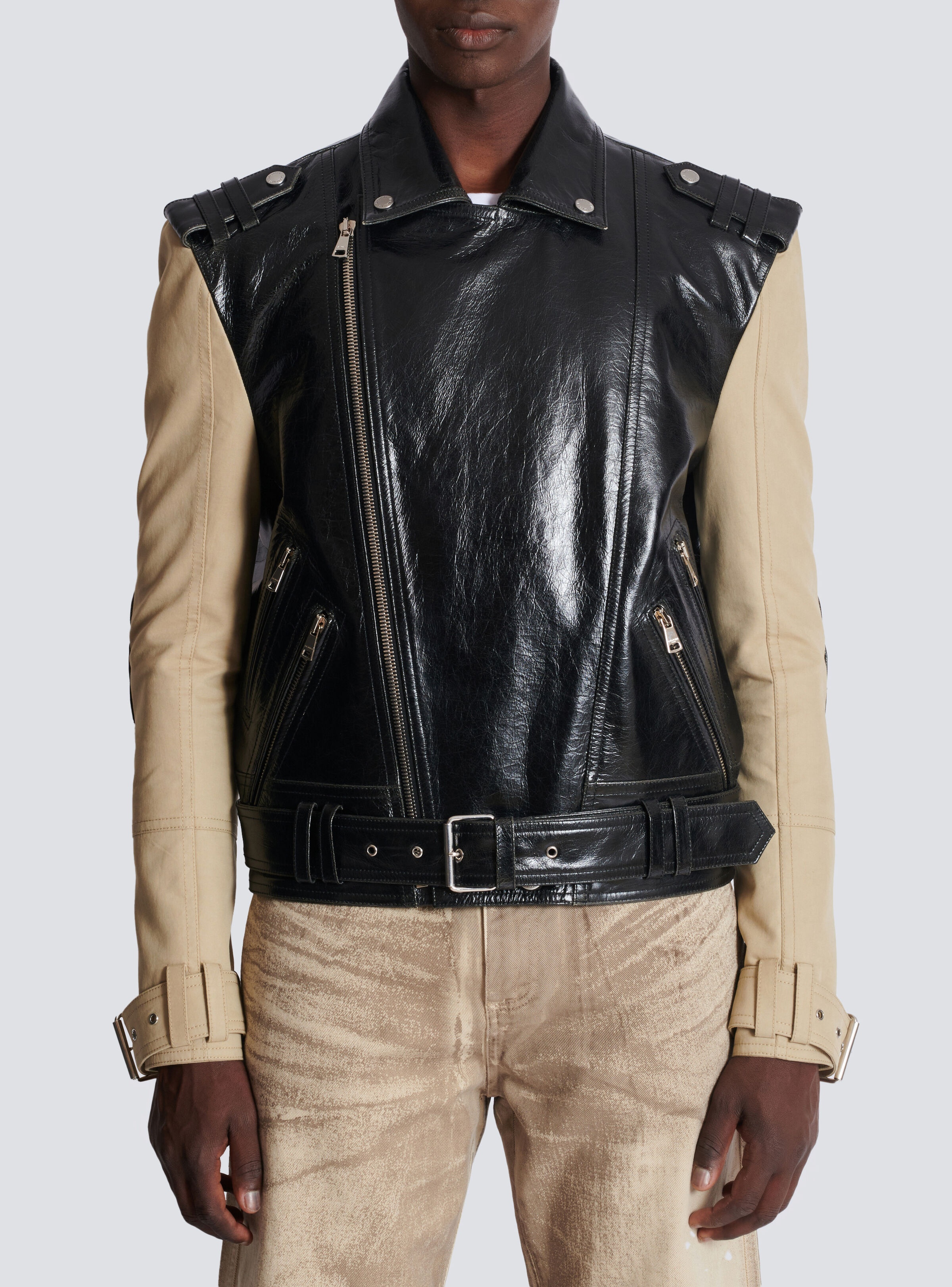 Leather and cotton biker jacket - 5