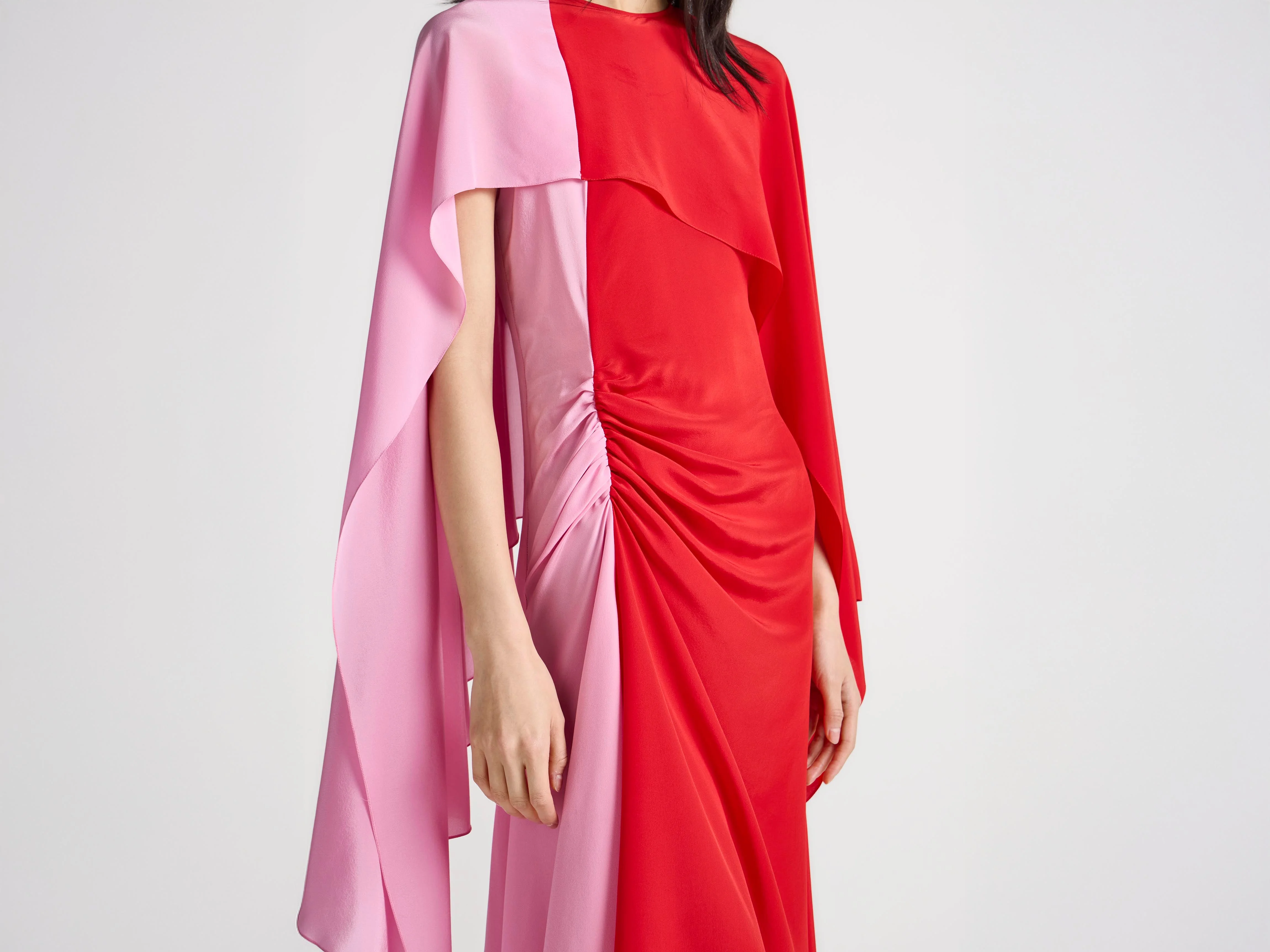 WOMENS CAPE SILK DRESS IN RED & BUBBLEGUM PINK - 1